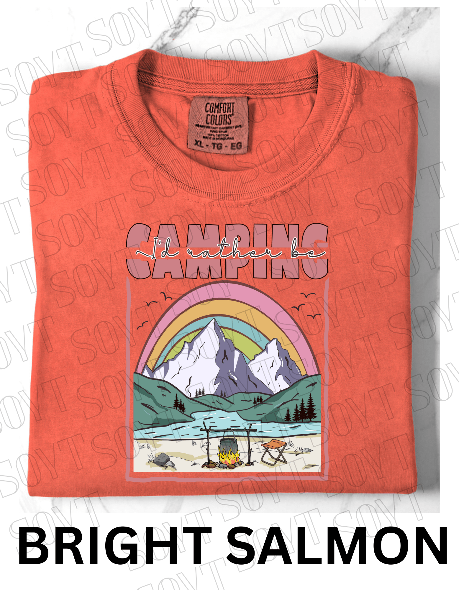 I’d Rather Be Camping T-Shirt – Rainbow Mountain Lakeside Graphic Tee - Festive Apparel StoreBright Salmon