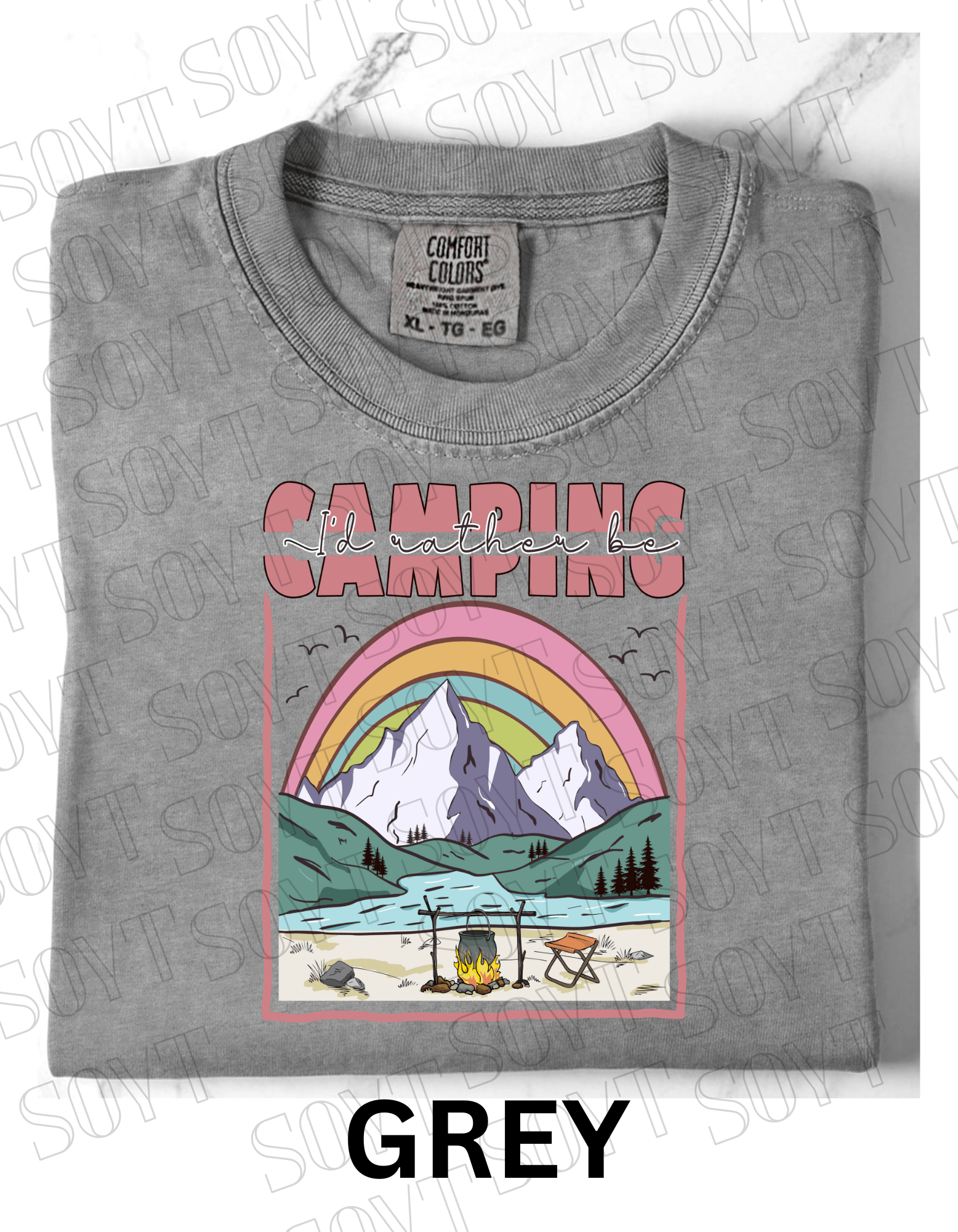 I’d Rather Be Camping T-Shirt – Rainbow Mountain Lakeside Graphic Tee - Festive Apparel StoreGrey