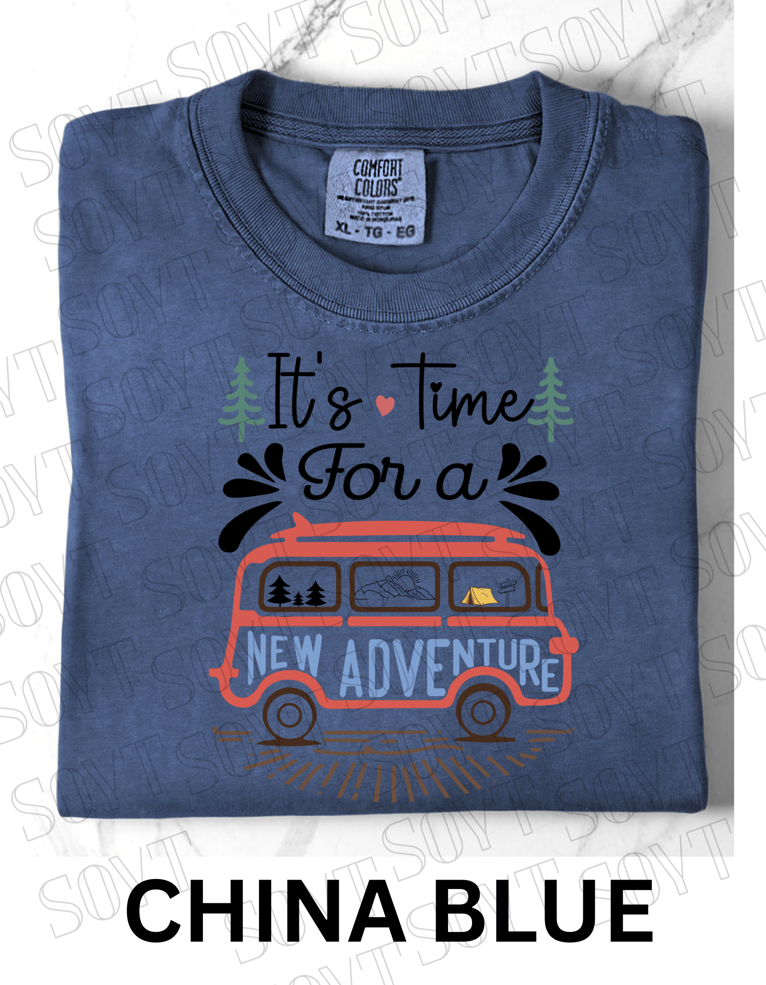 It’s Time for a New Adventure T-Shirt – Retro Van Life Camping Graphic Tee - Festive Apparel StoreChina Blue