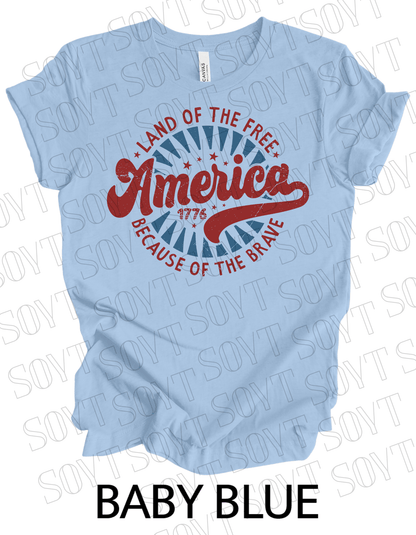Land of the Free America 1776 T-Shirt – Vintage Patriotic Tee | Made in USA - Festive Apparel StoreBaby Blue