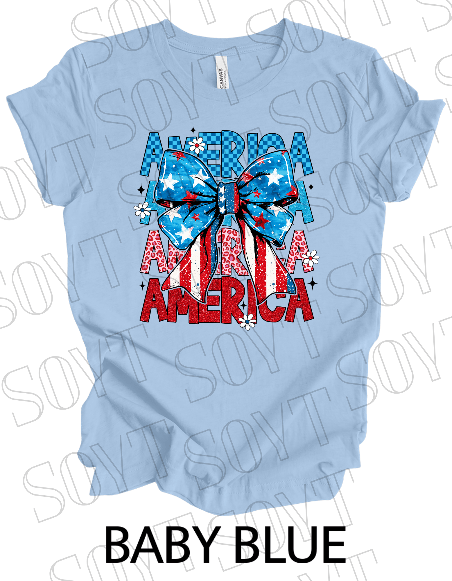 Layered AMERICA Bow T-Shirt – Bella+Canvas Patriotic Feminine Tee - Festive Apparel StoreBaby Blue
