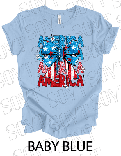 Layered AMERICA Bow T-Shirt – Bella+Canvas Patriotic Feminine Tee - Festive Apparel StoreBaby Blue