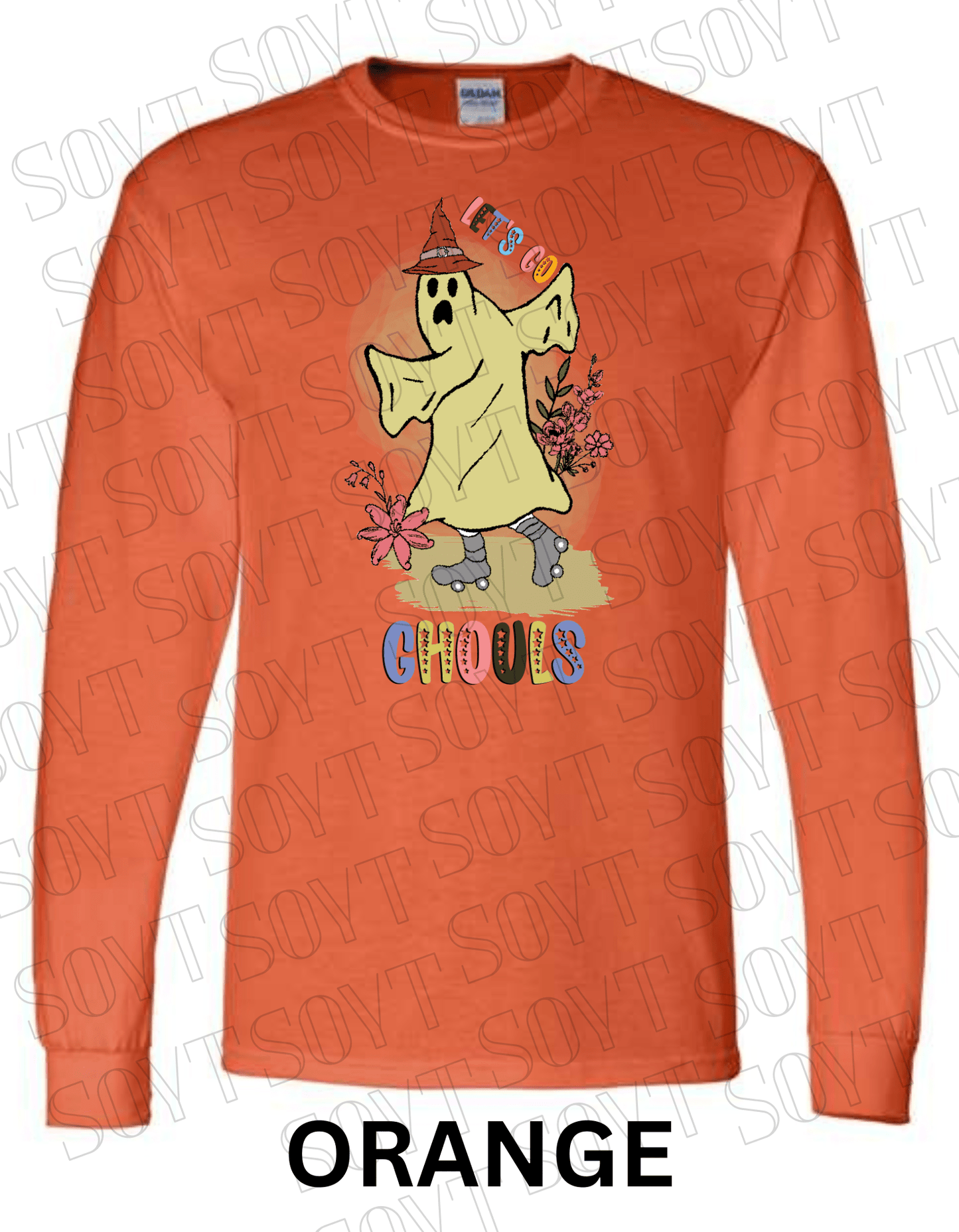 Let’s Go Ghouls Halloween Long Sleeve – Roller Skating Ghost with Florals & Retro Font Shirt - Festive Apparel StoreOrange