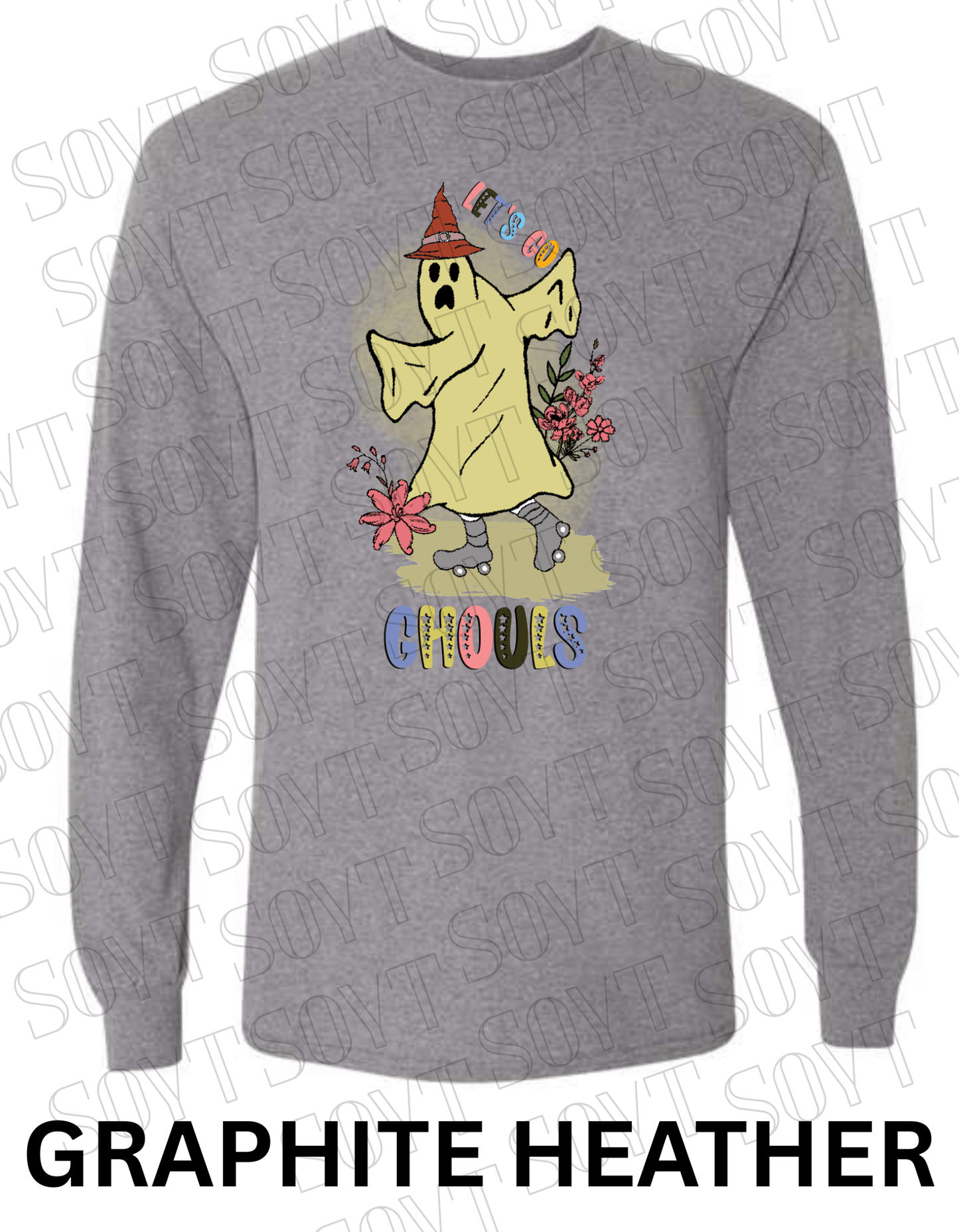 Let’s Go Ghouls Halloween Long Sleeve – Roller Skating Ghost with Florals & Retro Font Shirt - Festive Apparel StoreGraphite Heather
