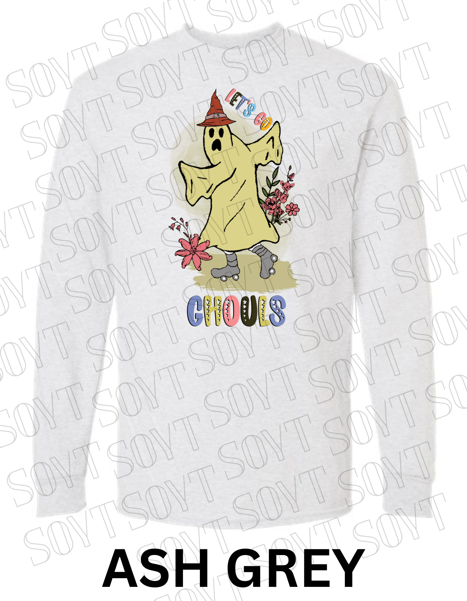 Let’s Go Ghouls Halloween Long Sleeve – Roller Skating Ghost with Florals & Retro Font Shirt - Festive Apparel StoreAsh Gray