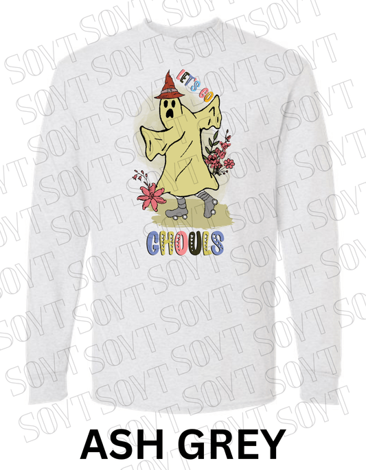Let’s Go Ghouls Halloween Long Sleeve – Roller Skating Ghost with Florals & Retro Font Shirt - Festive Apparel StoreAsh Gray
