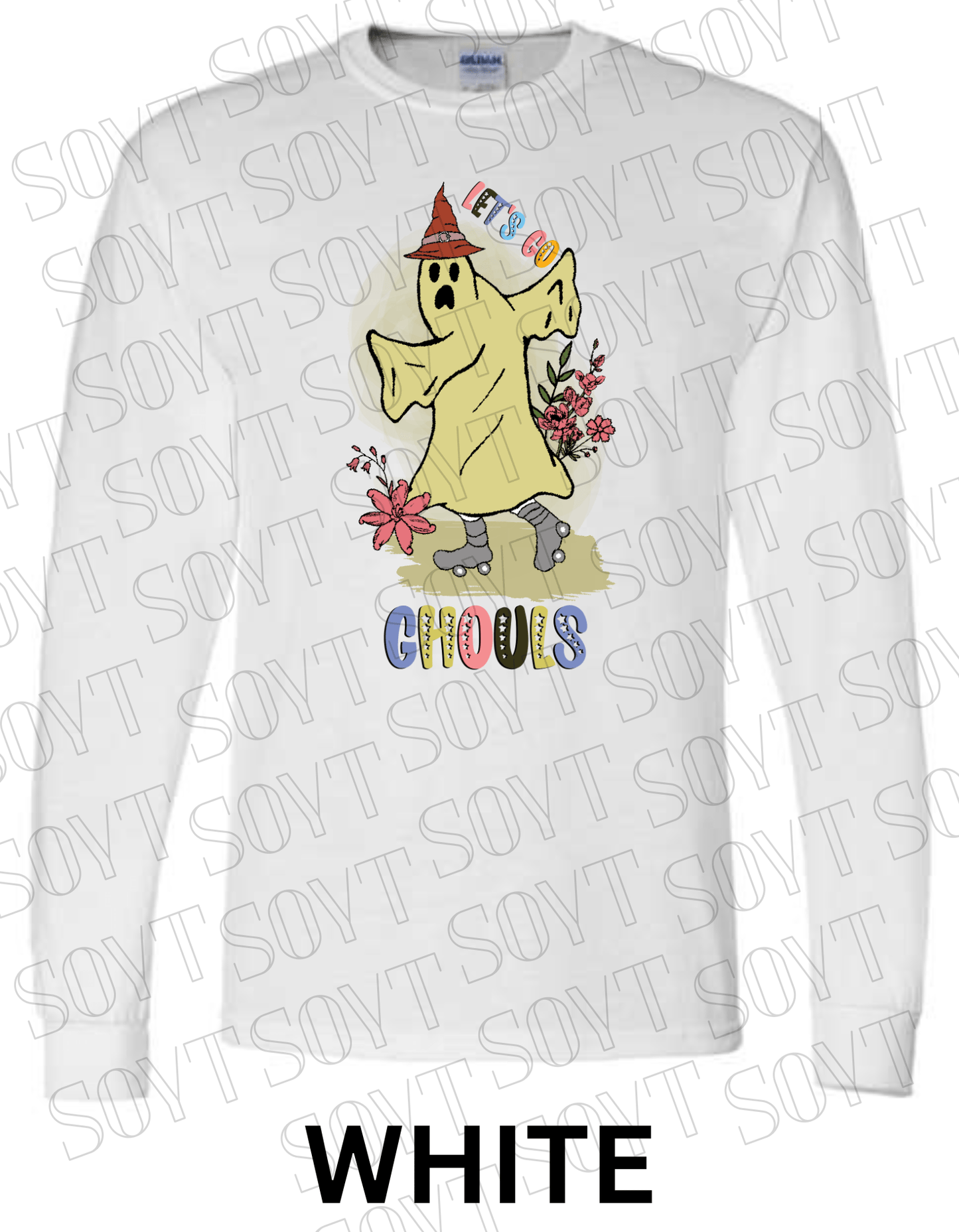 Let’s Go Ghouls Halloween Long Sleeve – Roller Skating Ghost with Florals & Retro Font Shirt - Festive Apparel StoreWhite