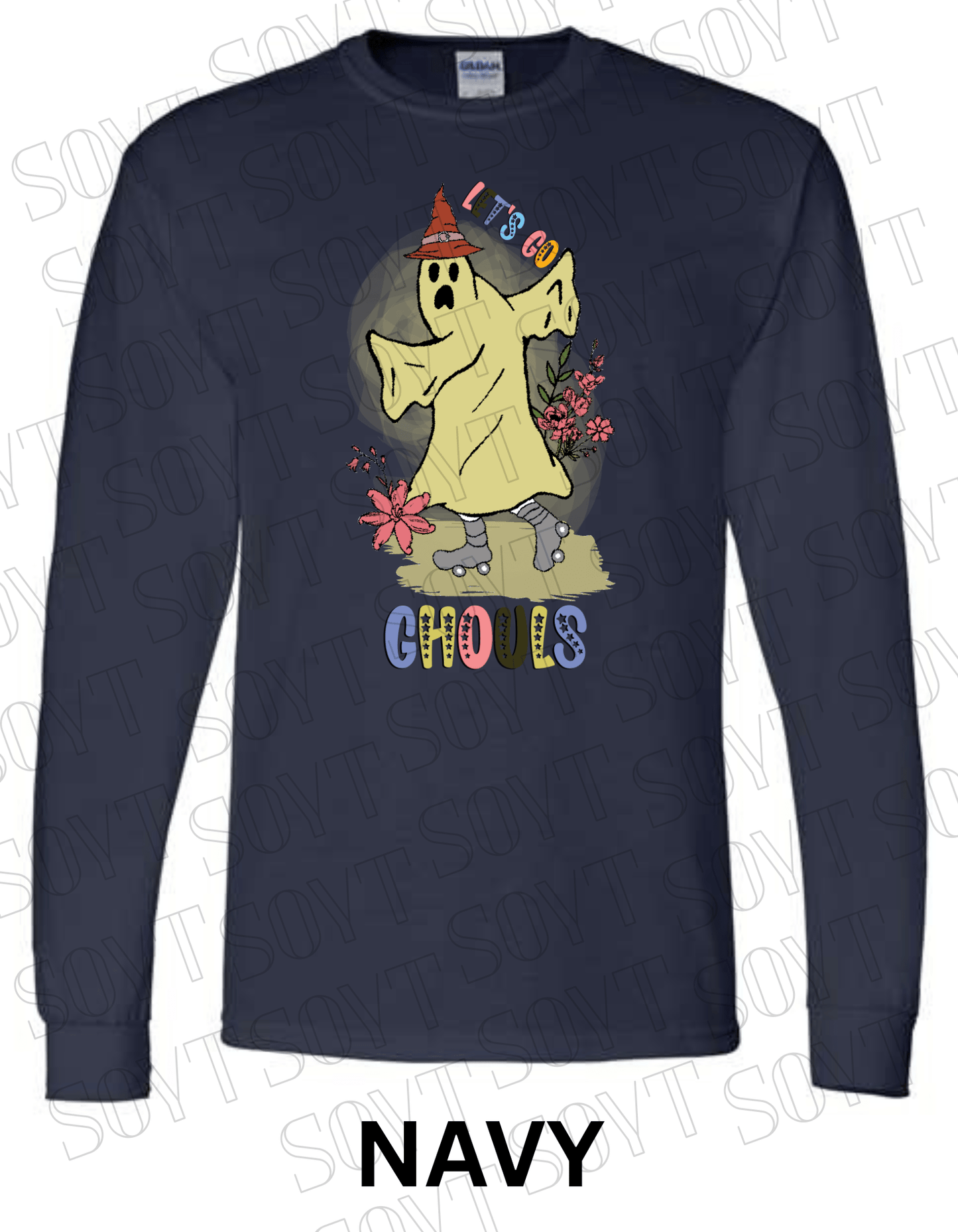 Let’s Go Ghouls Halloween Long Sleeve – Roller Skating Ghost with Florals & Retro Font Shirt - Festive Apparel StoreNavy Blue