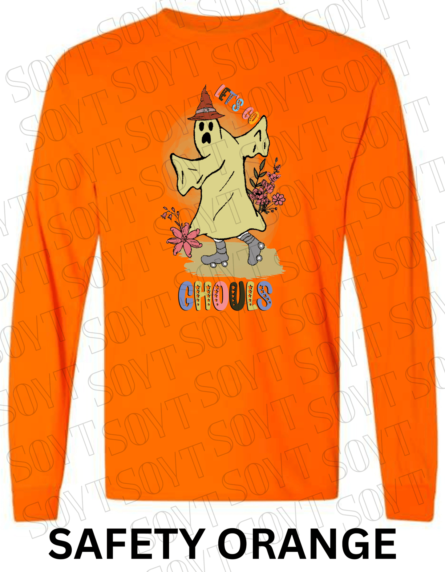 Let’s Go Ghouls Halloween Long Sleeve – Roller Skating Ghost with Florals & Retro Font Shirt - Festive Apparel StoreSafety Orange
