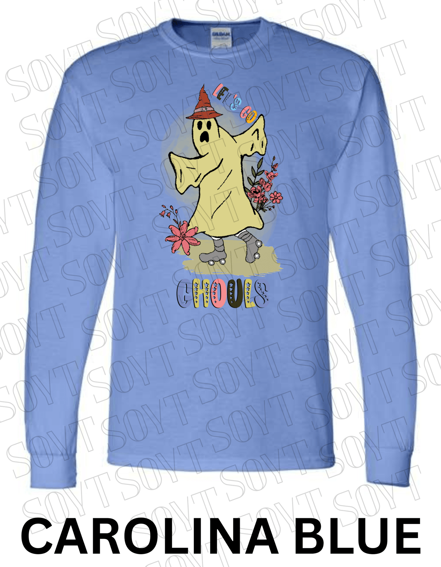 Let’s Go Ghouls Halloween Long Sleeve – Roller Skating Ghost with Florals & Retro Font Shirt - Festive Apparel StoreCarolina Blue
