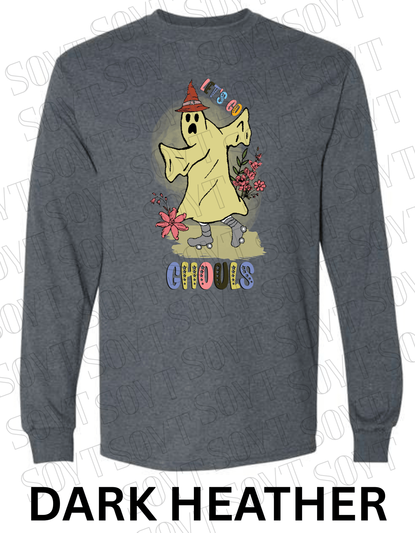 Let’s Go Ghouls Halloween Long Sleeve – Roller Skating Ghost with Florals & Retro Font Shirt - Festive Apparel StoreDark Heather