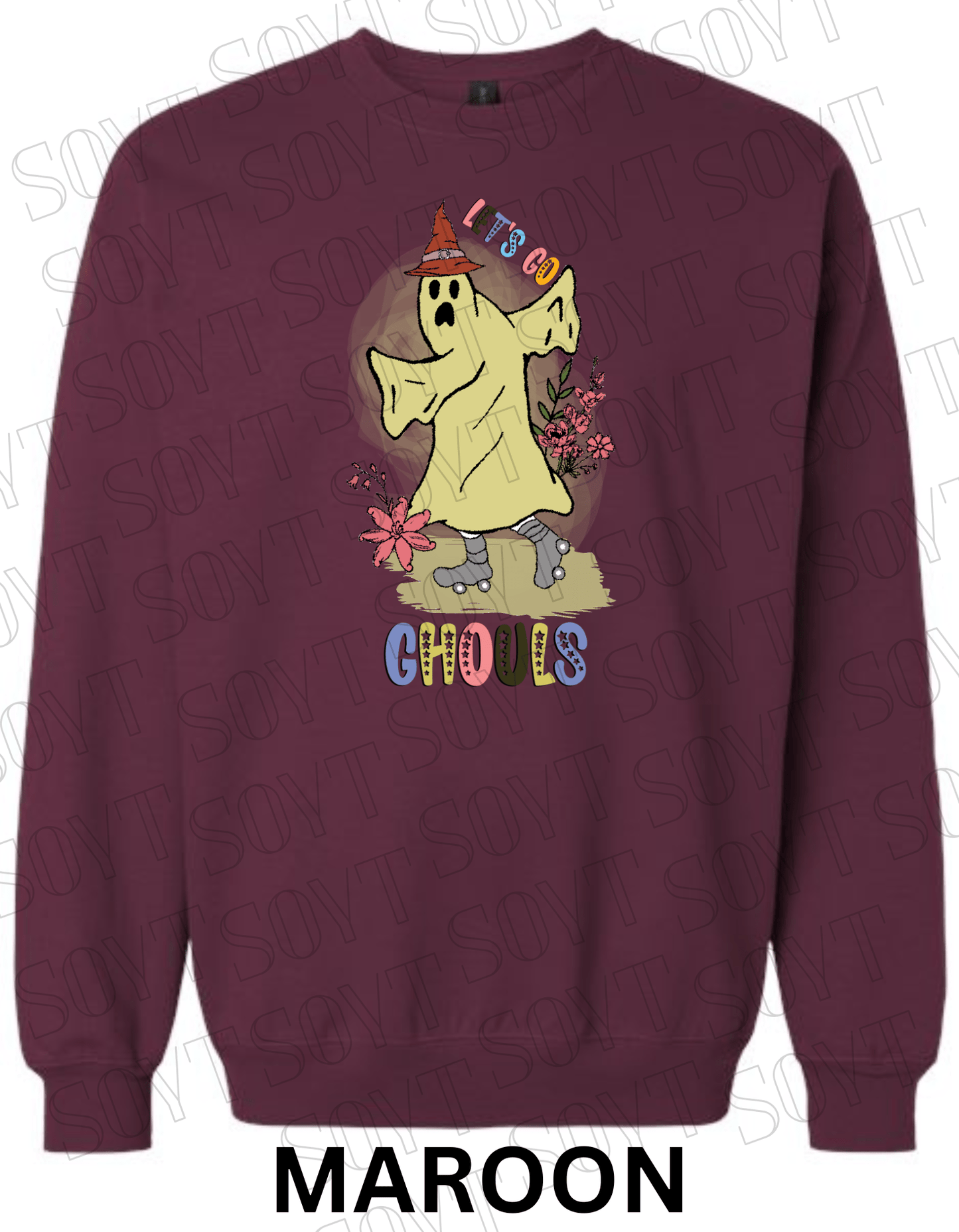Let’s Go Ghouls Halloween Sweatshirt – Roller Skating Ghost with Retro Florals & Witch Hat Pullover - Festive Apparel StoreMaroon