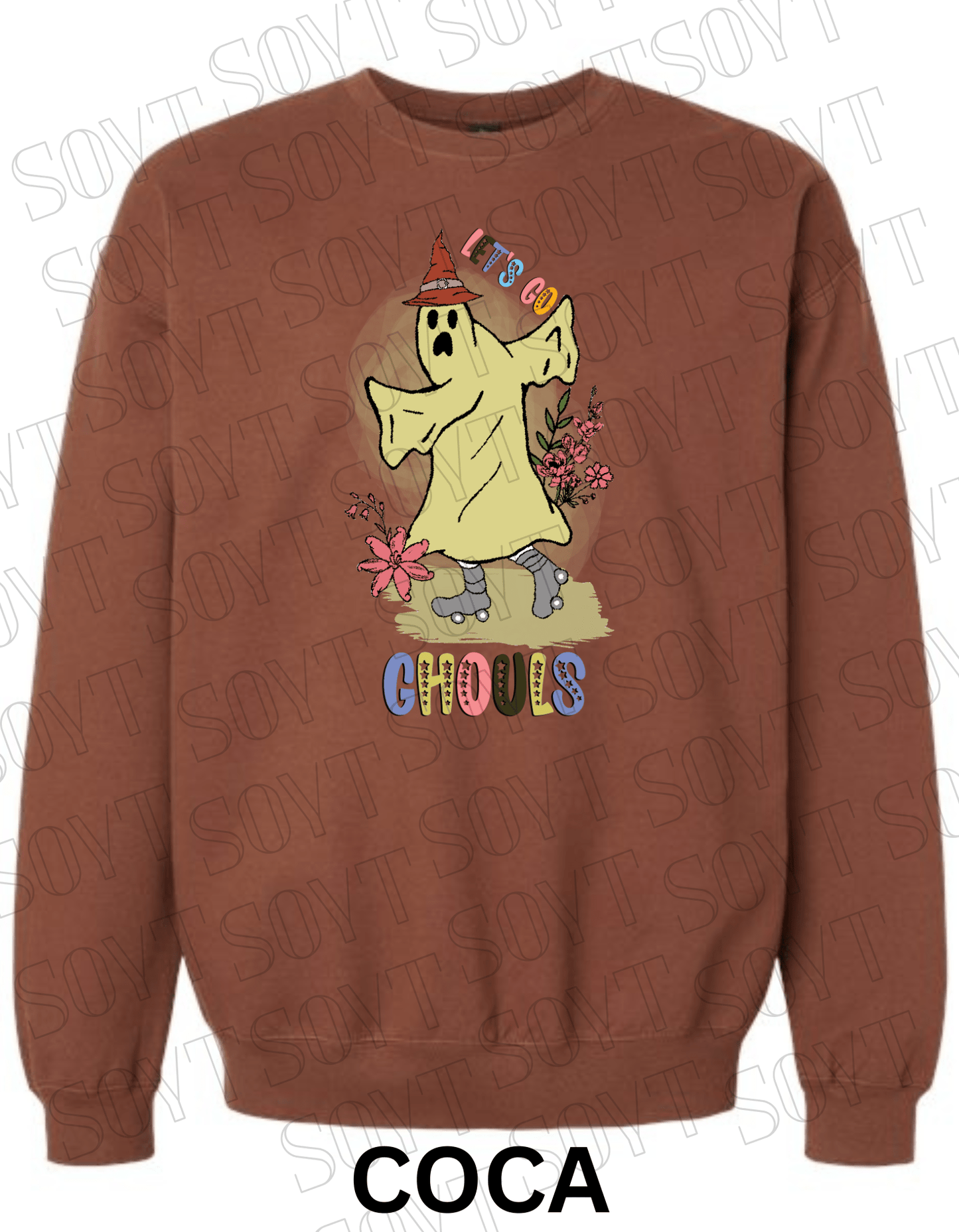 Let’s Go Ghouls Halloween Sweatshirt – Roller Skating Ghost with Retro Florals & Witch Hat Pullover - Festive Apparel StoreCocoa Brown