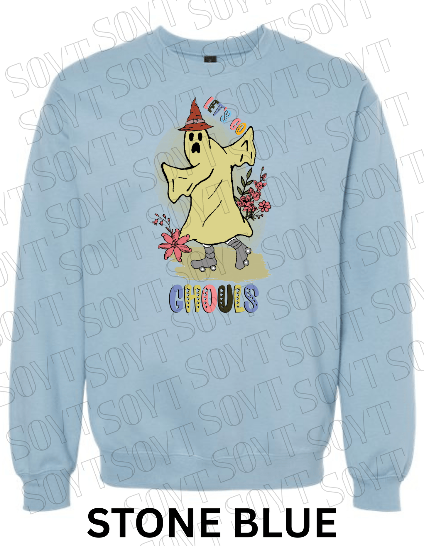 Let’s Go Ghouls Halloween Sweatshirt – Roller Skating Ghost with Retro Florals & Witch Hat Pullover - Festive Apparel StoreStone Blue