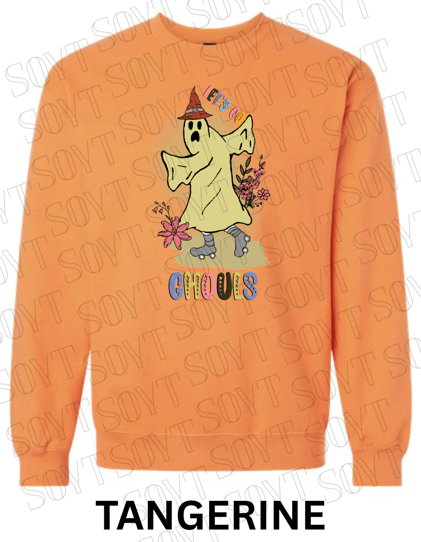 Let’s Go Ghouls Halloween Sweatshirt – Roller Skating Ghost with Retro Florals & Witch Hat Pullover - Festive Apparel StoreTangerine