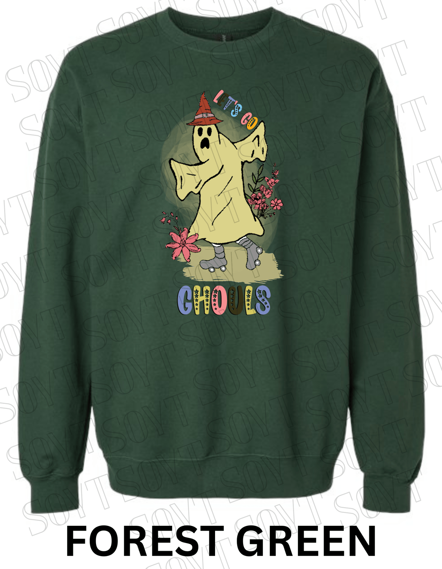 Let’s Go Ghouls Halloween Sweatshirt – Roller Skating Ghost with Retro Florals & Witch Hat Pullover - Festive Apparel StoreForest Green