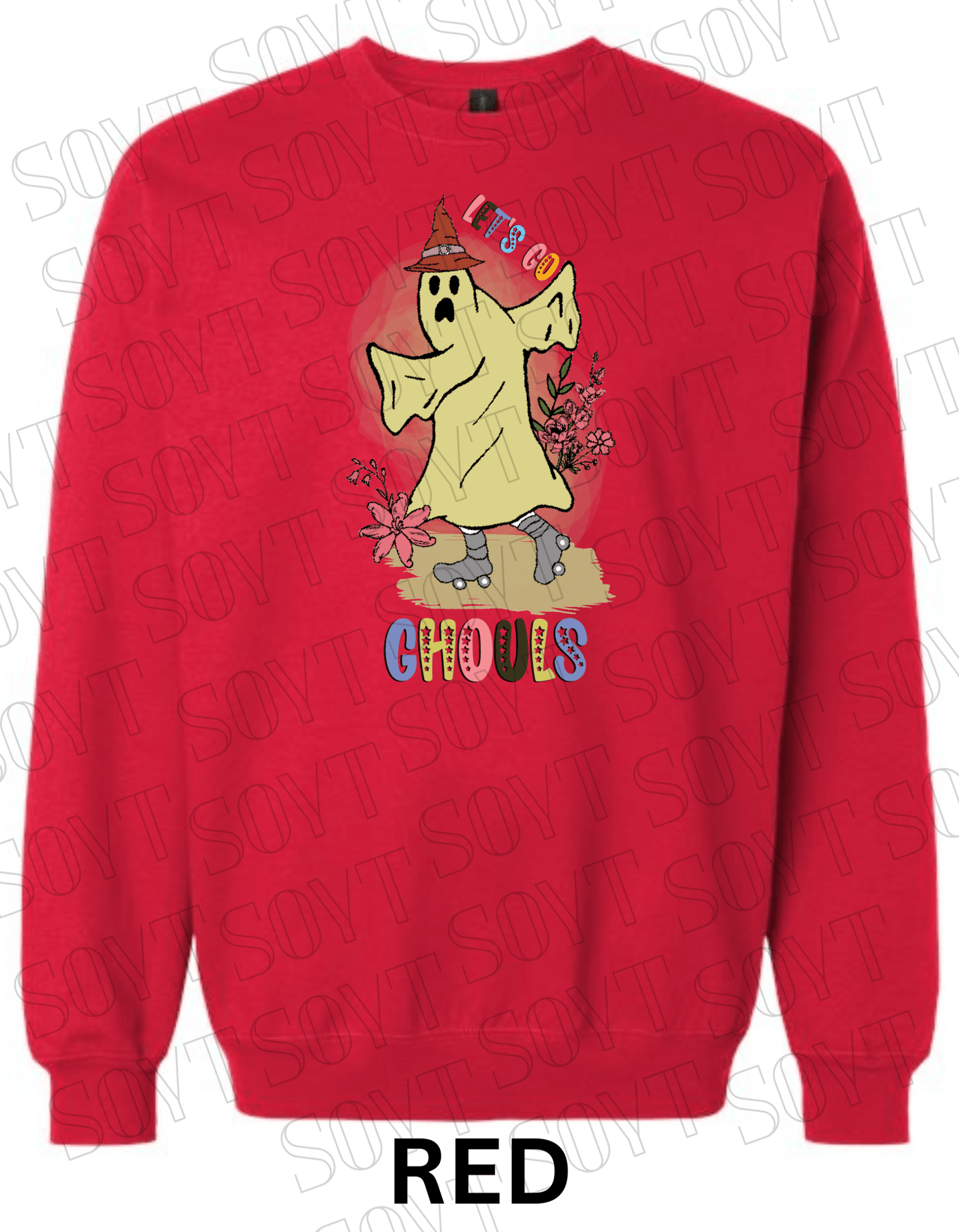 Let’s Go Ghouls Halloween Sweatshirt – Roller Skating Ghost with Retro Florals & Witch Hat Pullover - Festive Apparel StoreRed