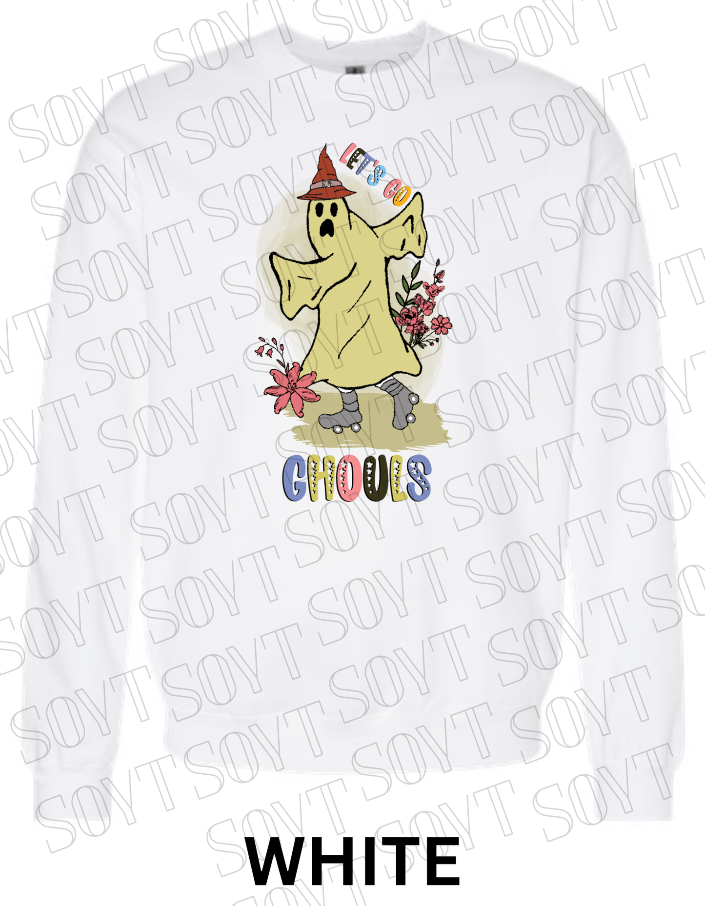 Let’s Go Ghouls Halloween Sweatshirt – Roller Skating Ghost with Retro Florals & Witch Hat Pullover - Festive Apparel StoreWhite