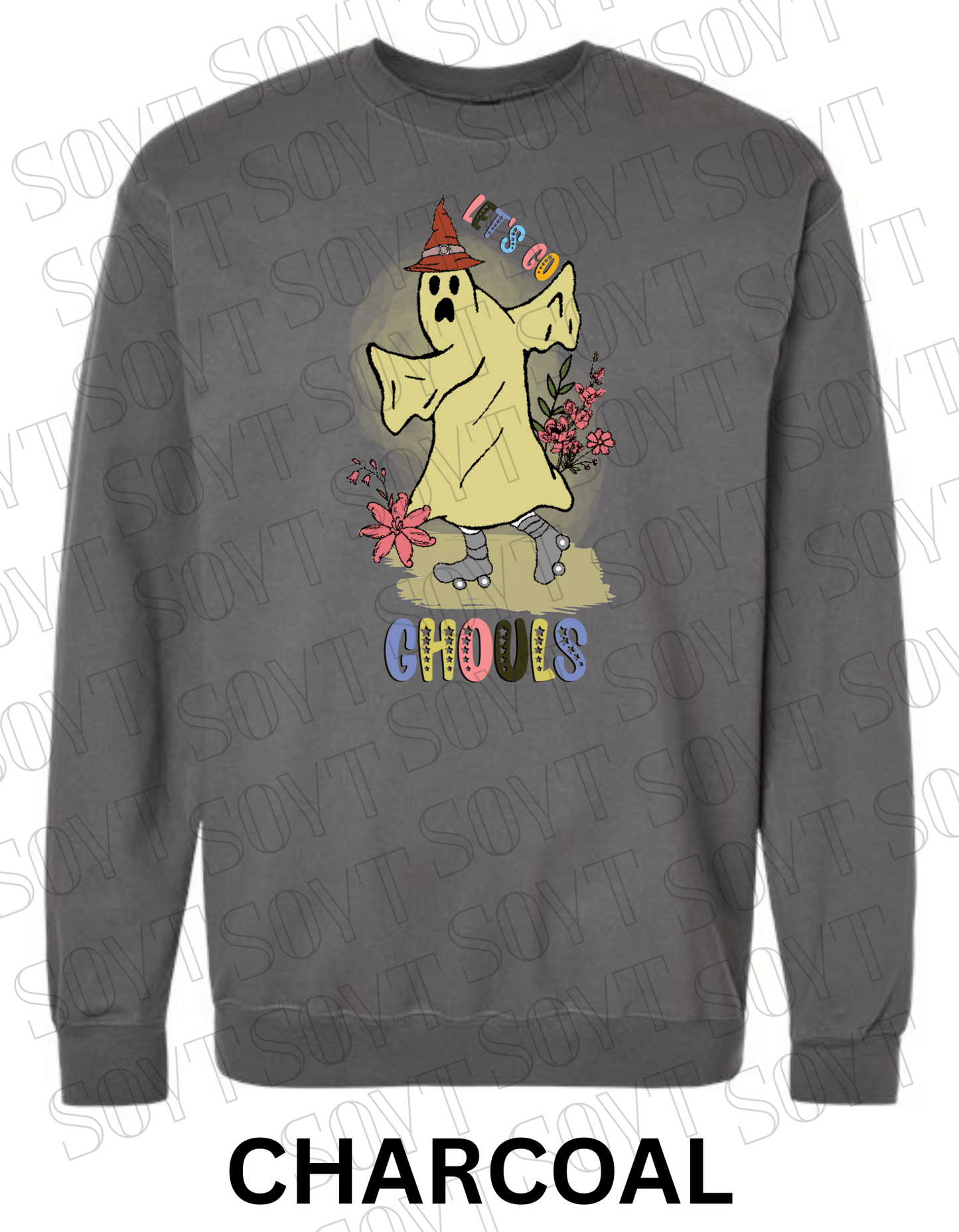 Let’s Go Ghouls Halloween Sweatshirt – Roller Skating Ghost with Retro Florals & Witch Hat Pullover - Festive Apparel StoreCharcoal