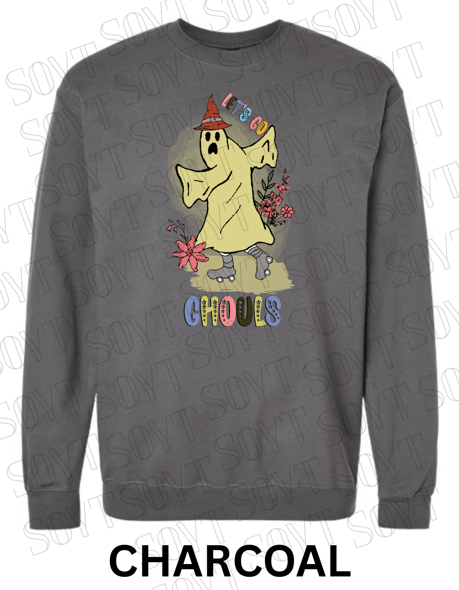 Let’s Go Ghouls Halloween Sweatshirt – Roller Skating Ghost with Retro Florals & Witch Hat Pullover - Festive Apparel StoreCharcoal