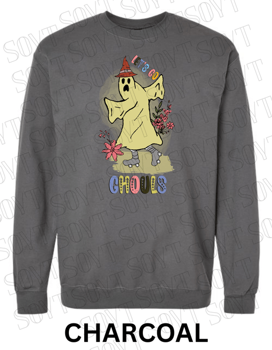 Let’s Go Ghouls Halloween Sweatshirt – Roller Skating Ghost with Retro Florals & Witch Hat Pullover - Festive Apparel StoreCharcoal
