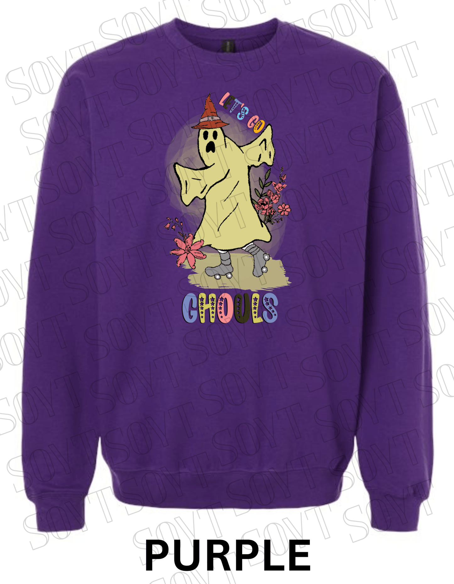 Let’s Go Ghouls Halloween Sweatshirt – Roller Skating Ghost with Retro Florals & Witch Hat Pullover - Festive Apparel StorePurple