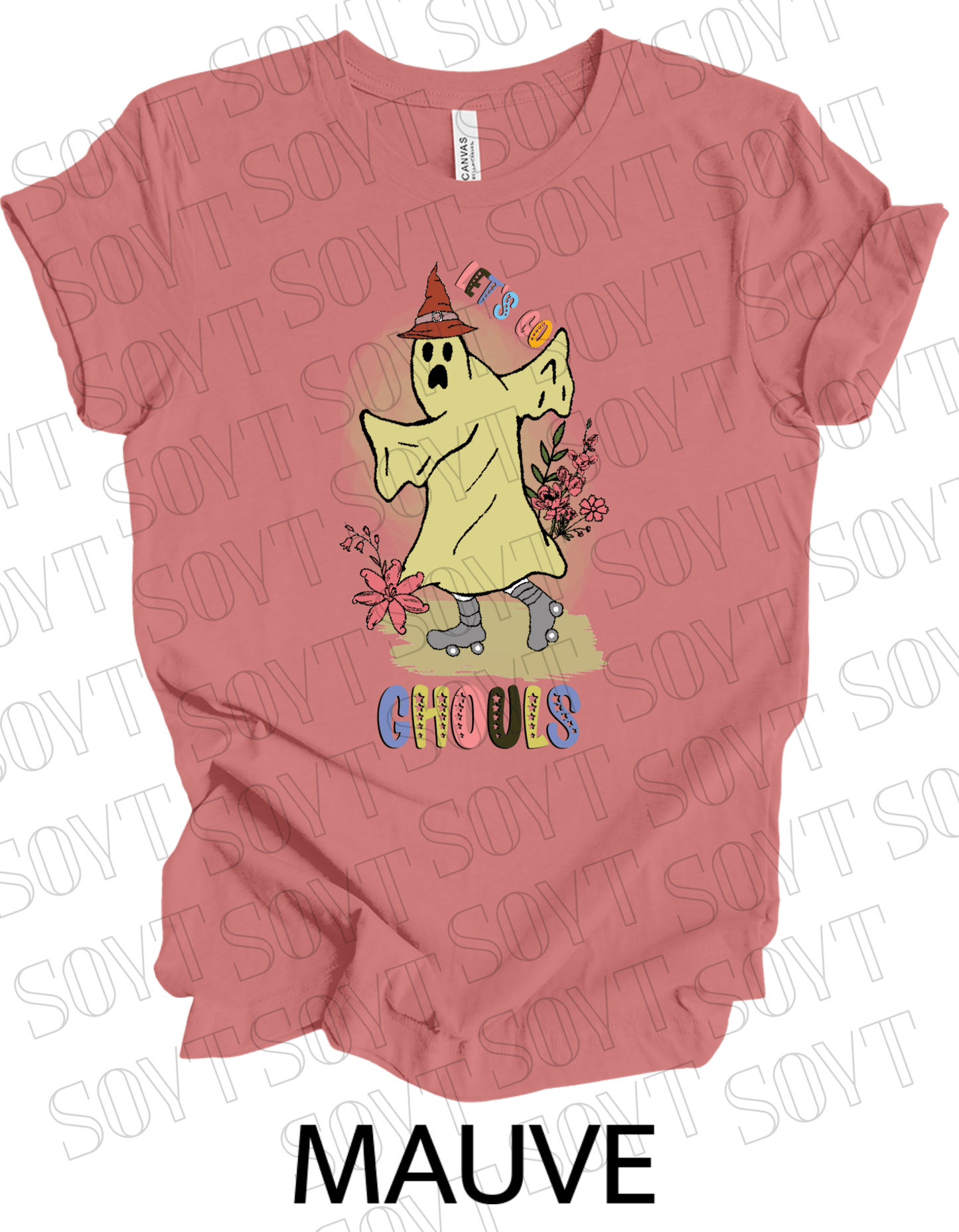 Let’s Go Ghouls T-Shirt – Roller Skating Ghost Halloween Graphic Tee with Retro Florals - Festive Apparel StoreMauve