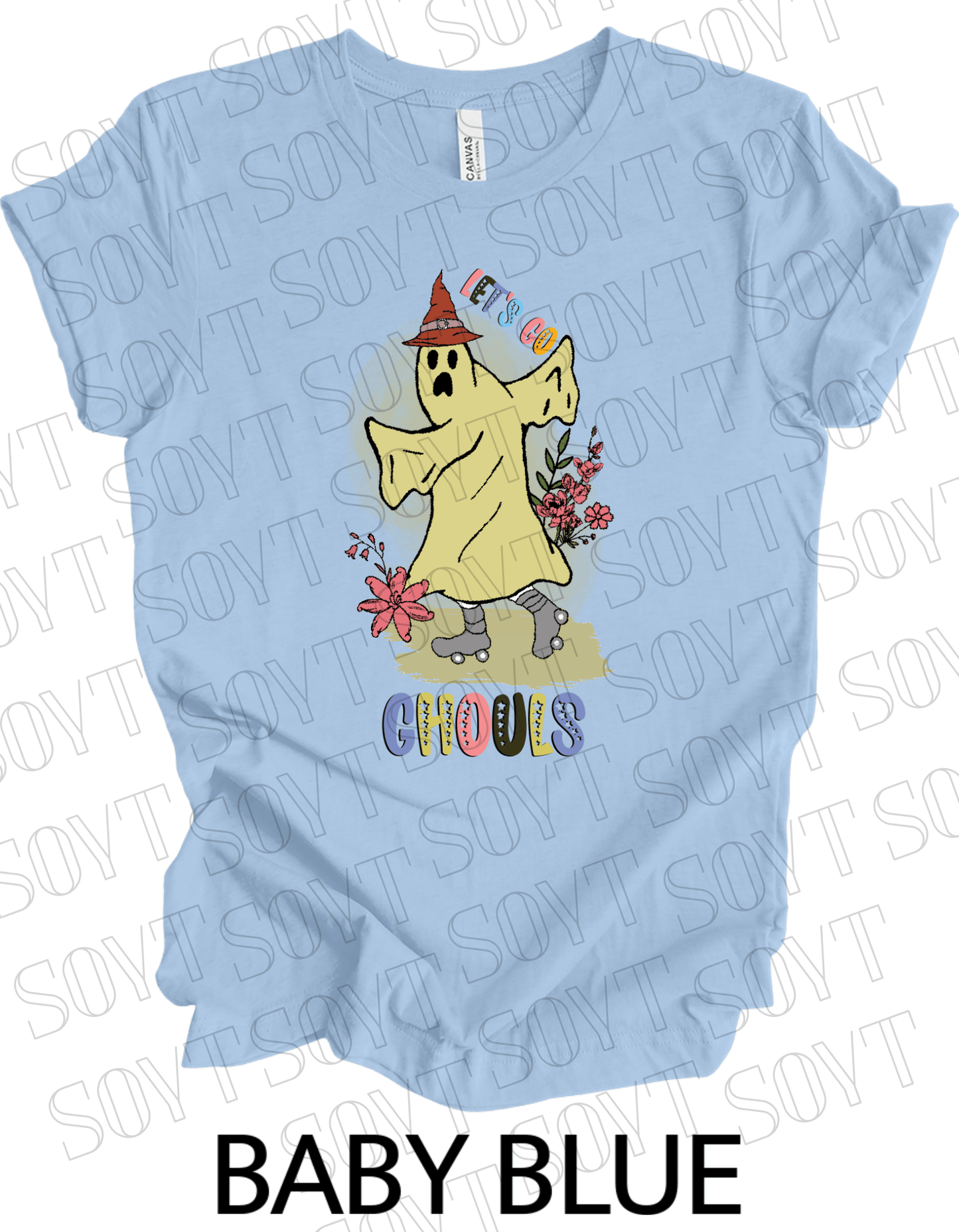 Let’s Go Ghouls T-Shirt – Roller Skating Ghost Halloween Graphic Tee with Retro Florals - Festive Apparel StoreBaby Blue
