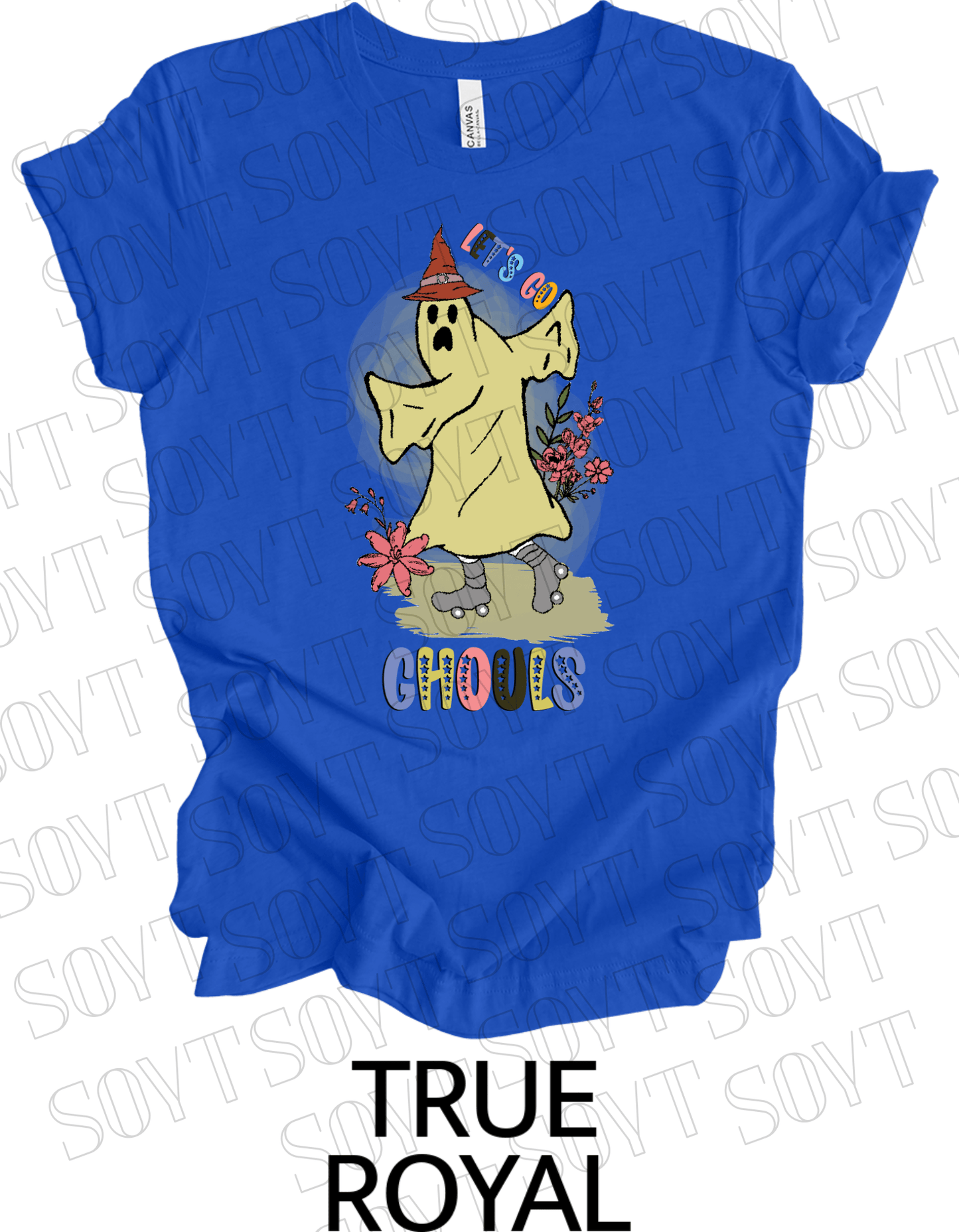 Let’s Go Ghouls T-Shirt – Roller Skating Ghost Halloween Graphic Tee with Retro Florals - Festive Apparel StoreRoyal Blue