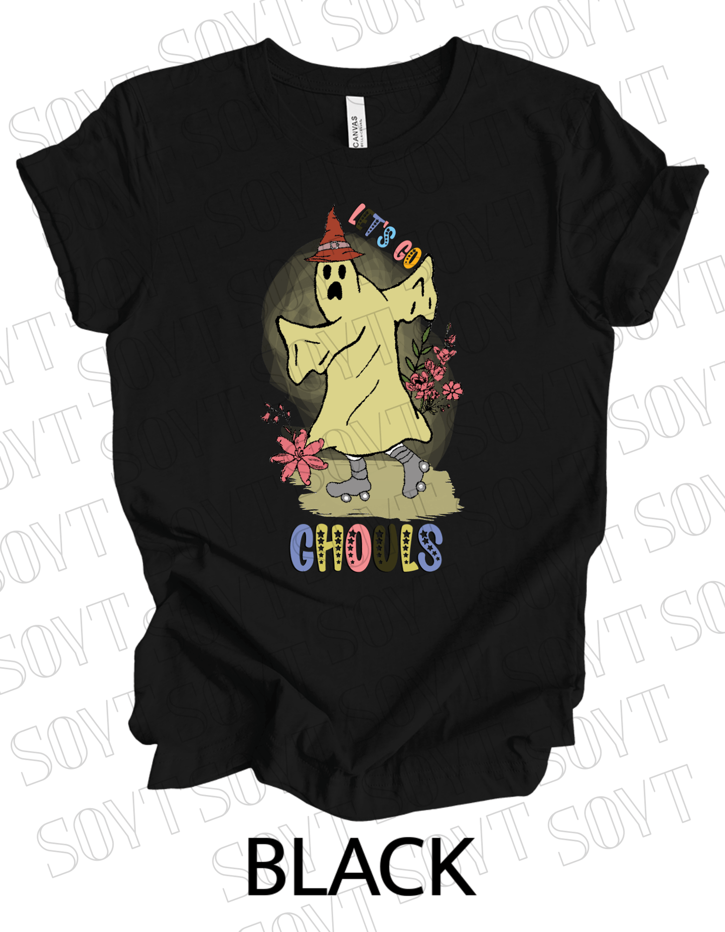 Let’s Go Ghouls T-Shirt – Roller Skating Ghost Halloween Graphic Tee with Retro Florals - Festive Apparel StoreBlack