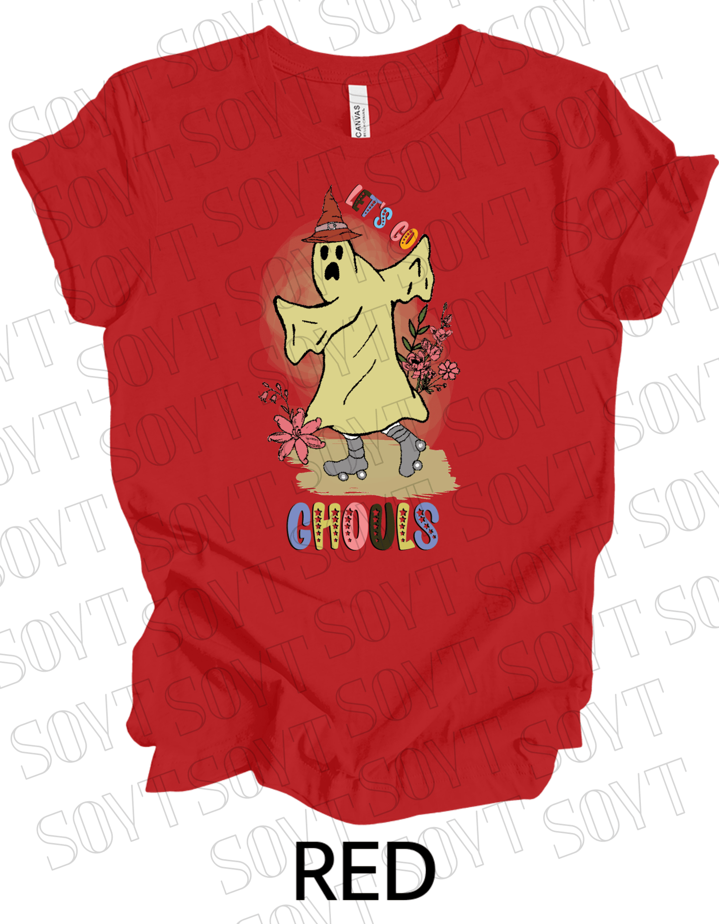 Let’s Go Ghouls T-Shirt – Roller Skating Ghost Halloween Graphic Tee with Retro Florals - Festive Apparel StoreRed