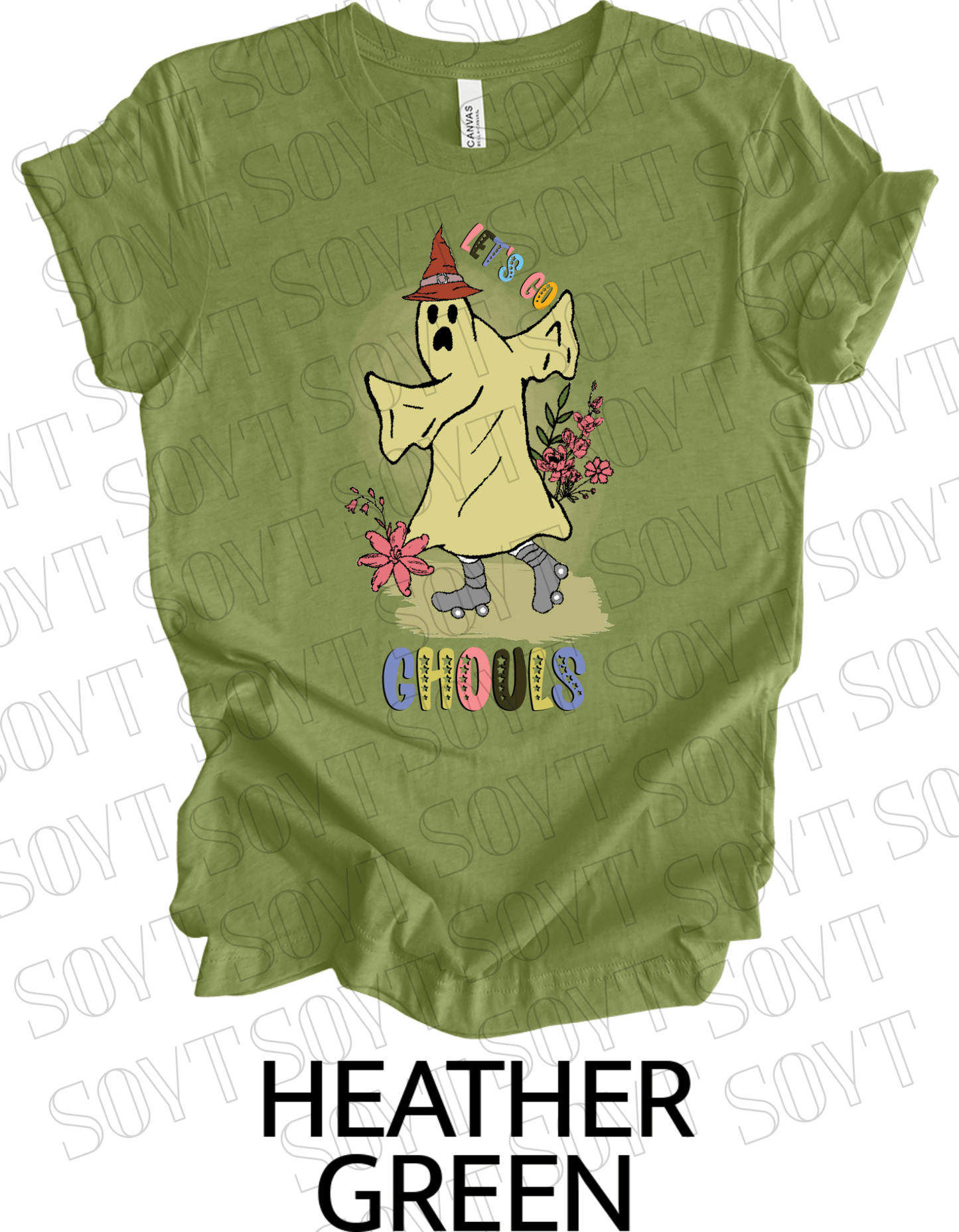 Let’s Go Ghouls T-Shirt – Roller Skating Ghost Halloween Graphic Tee with Retro Florals - Festive Apparel StoreHeather Green