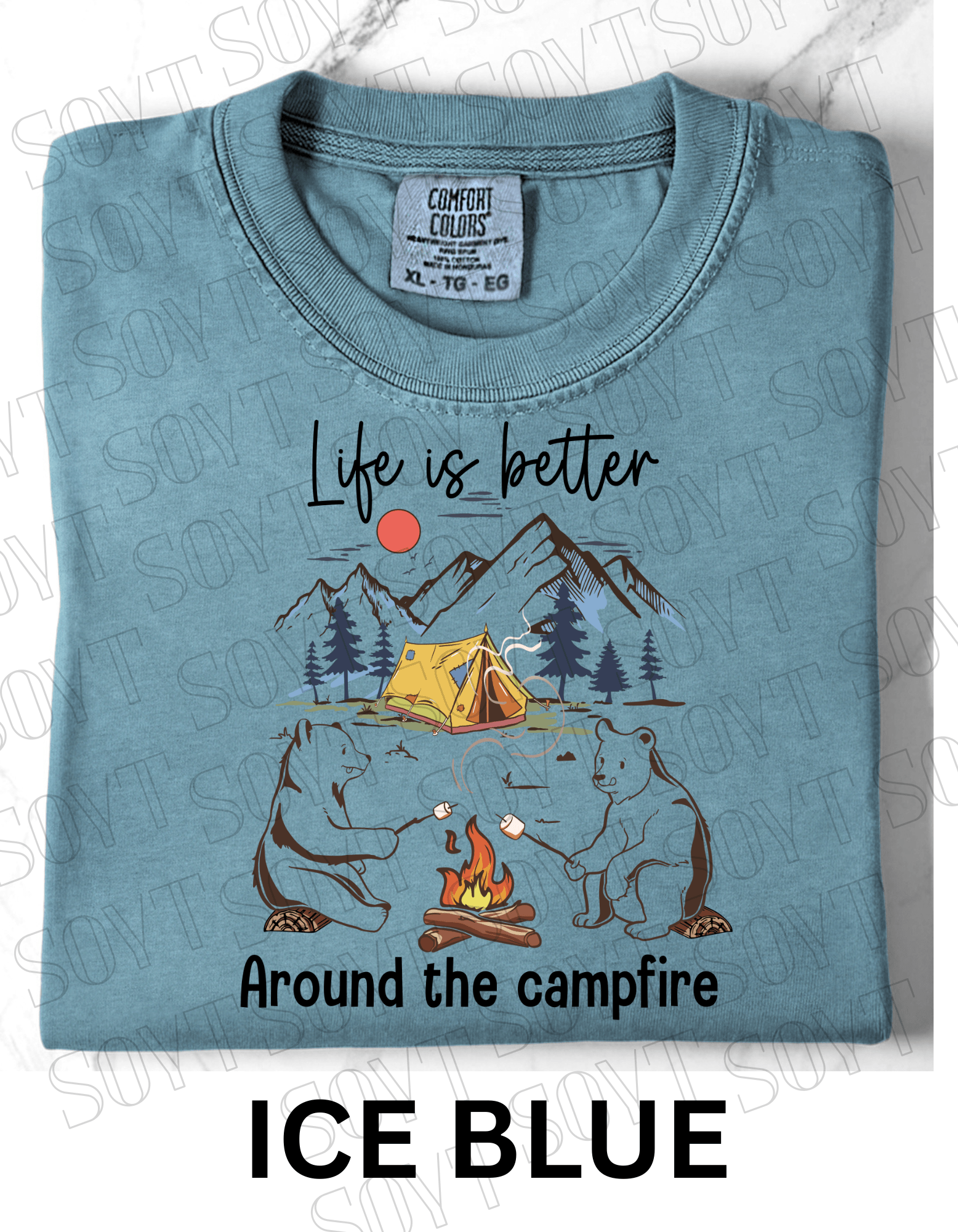 Life Is Better Around the Campfire T-Shirt – Cozy Bear Camping Graphic Tee - Festive Apparel StoreIce Blue