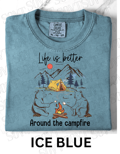 Life Is Better Around the Campfire T-Shirt – Cozy Bear Camping Graphic Tee - Festive Apparel StoreIce Blue