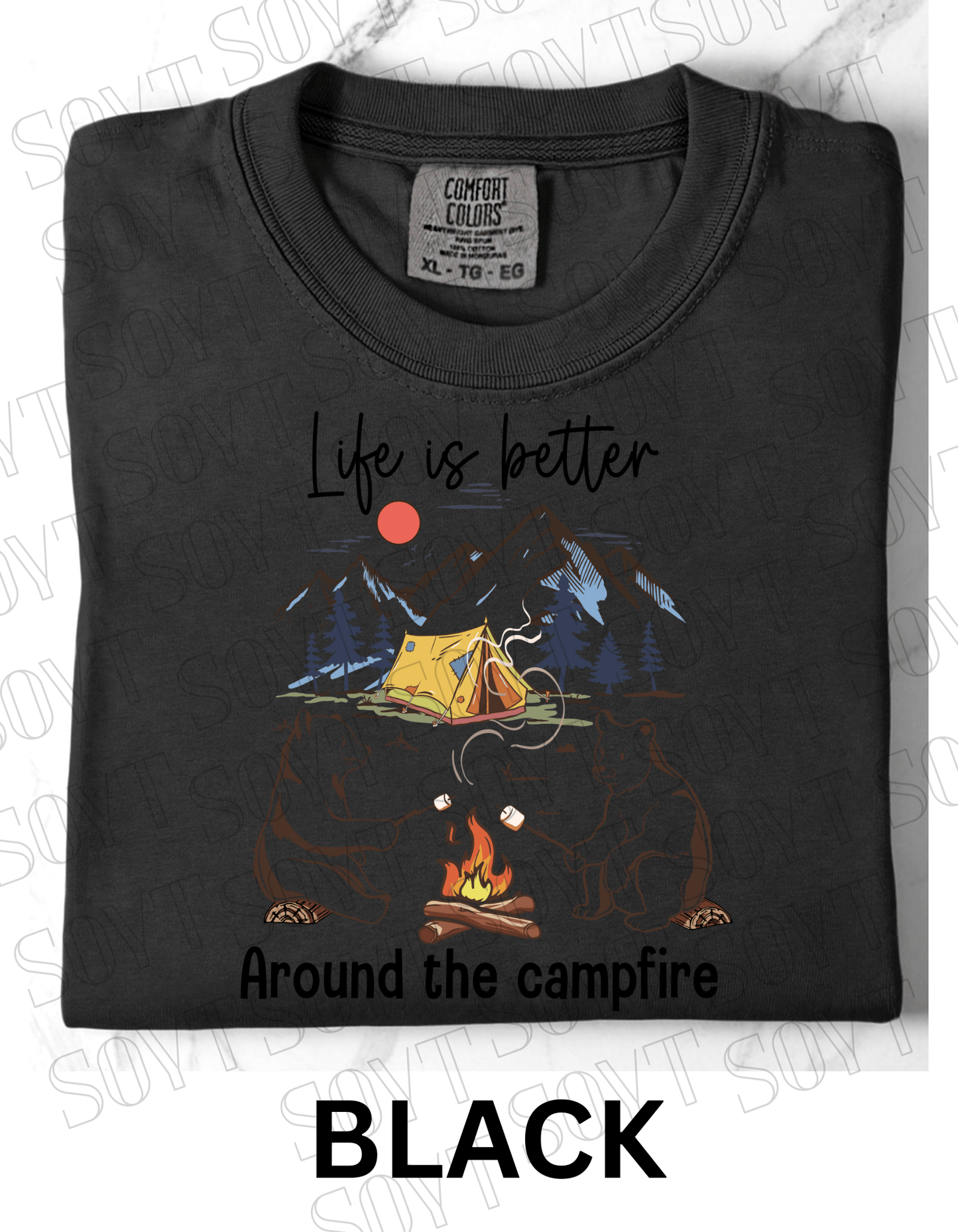 Life Is Better Around the Campfire T-Shirt – Cozy Bear Camping Graphic Tee - Festive Apparel StoreBlack