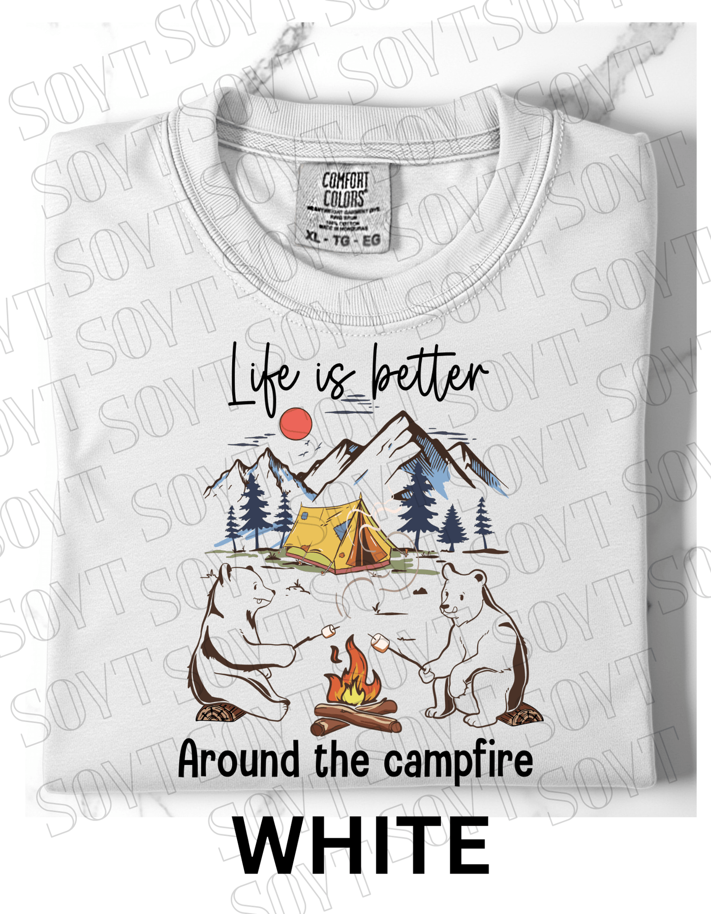 Life Is Better Around the Campfire T-Shirt – Cozy Bear Camping Graphic Tee - Festive Apparel StoreWhite