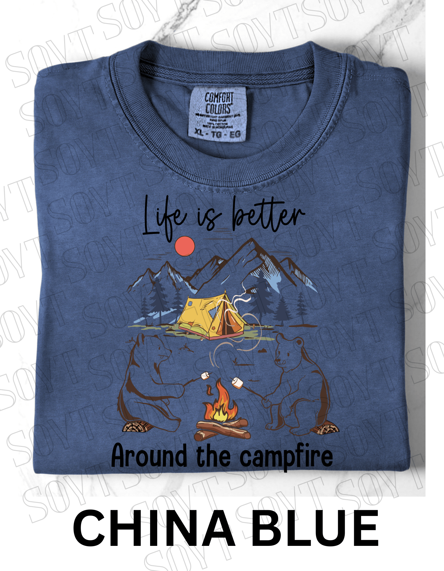 Life Is Better Around the Campfire T-Shirt – Cozy Bear Camping Graphic Tee - Festive Apparel StoreChina Blue
