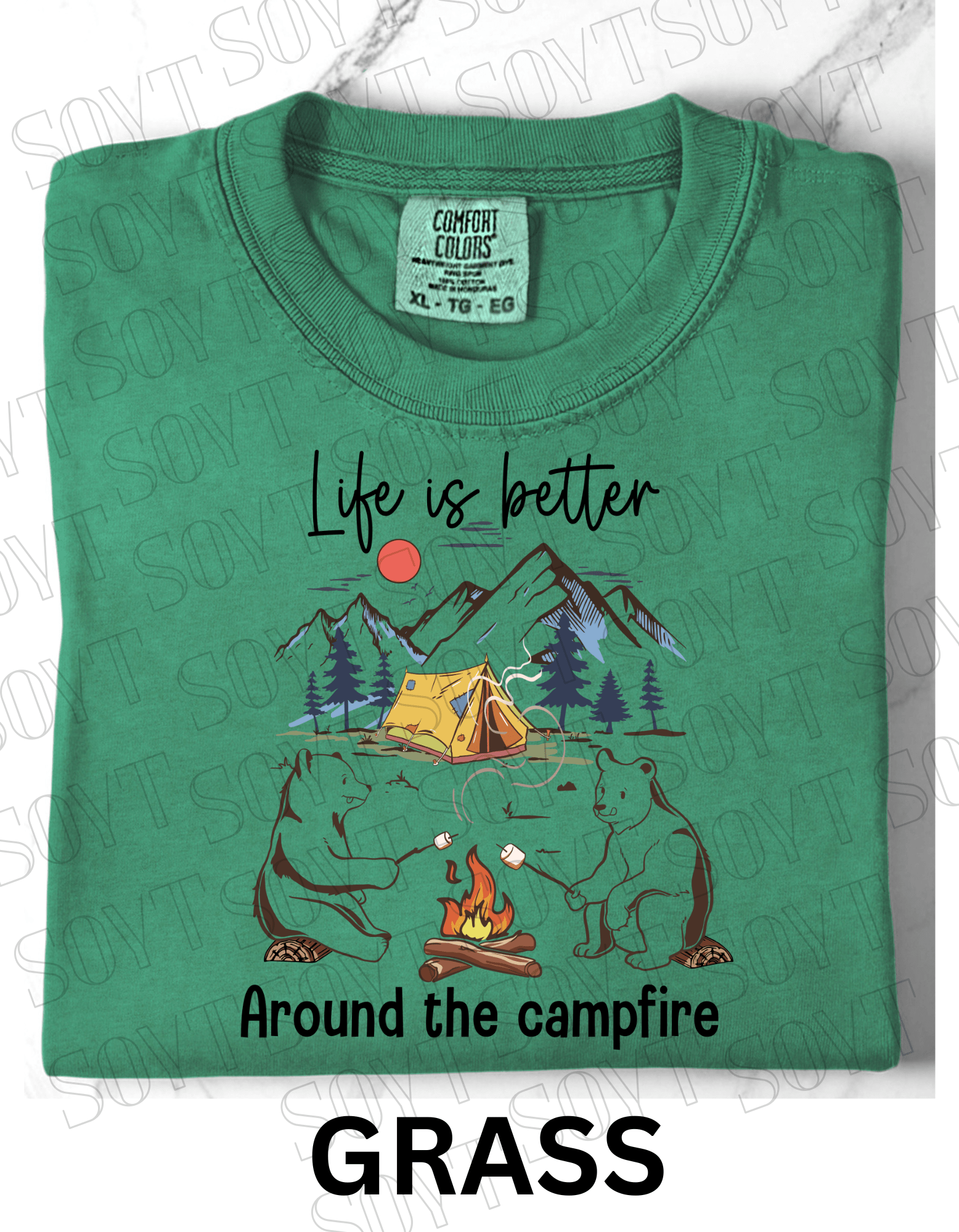 Life Is Better Around the Campfire T-Shirt – Cozy Bear Camping Graphic Tee - Festive Apparel StoreGrass