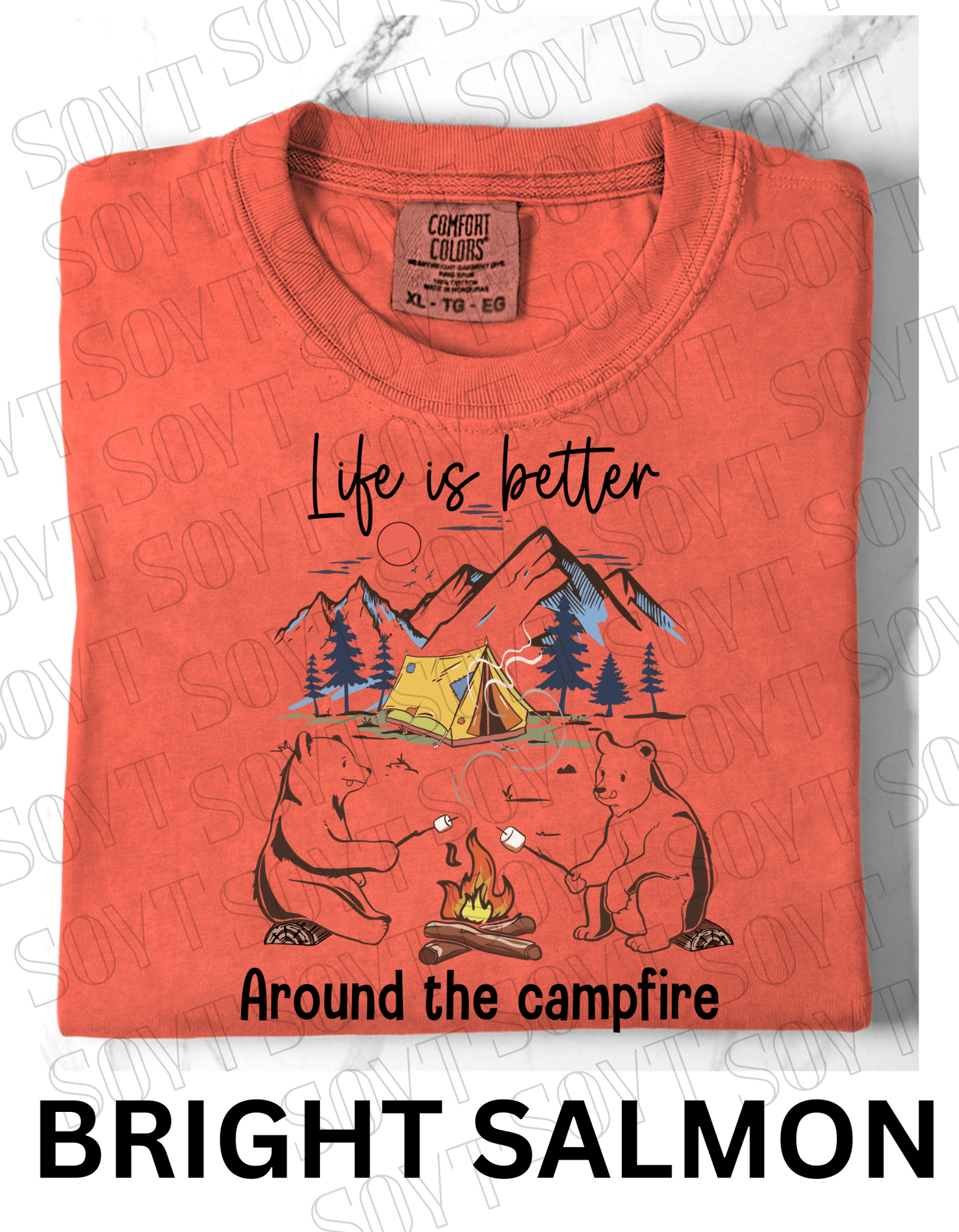 Life Is Better Around the Campfire T-Shirt – Cozy Bear Camping Graphic Tee - Festive Apparel StoreBright Salmon