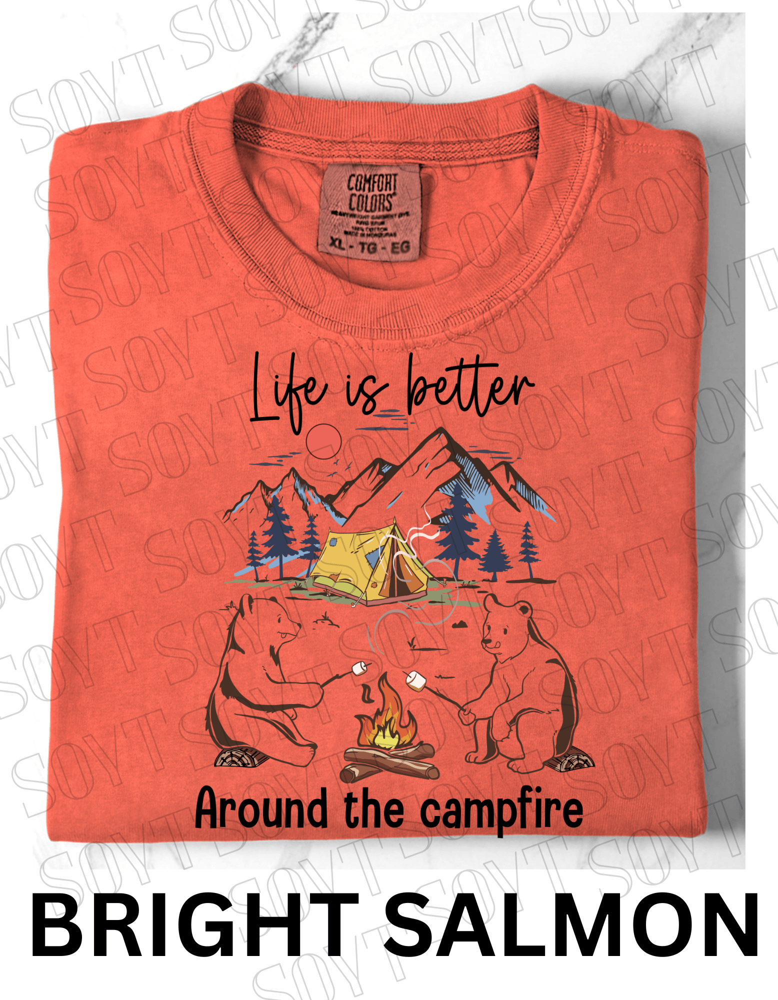 Life Is Better Around the Campfire T-Shirt – Cozy Bear Camping Graphic Tee - Festive Apparel StoreBright Salmon