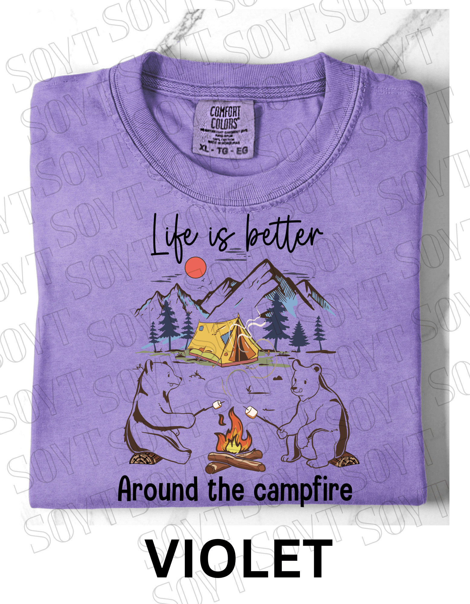 Life Is Better Around the Campfire T-Shirt – Cozy Bear Camping Graphic Tee - Festive Apparel StoreViolet