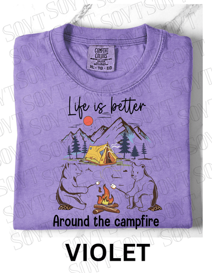 Life Is Better Around the Campfire T-Shirt – Cozy Bear Camping Graphic Tee - Festive Apparel StoreViolet