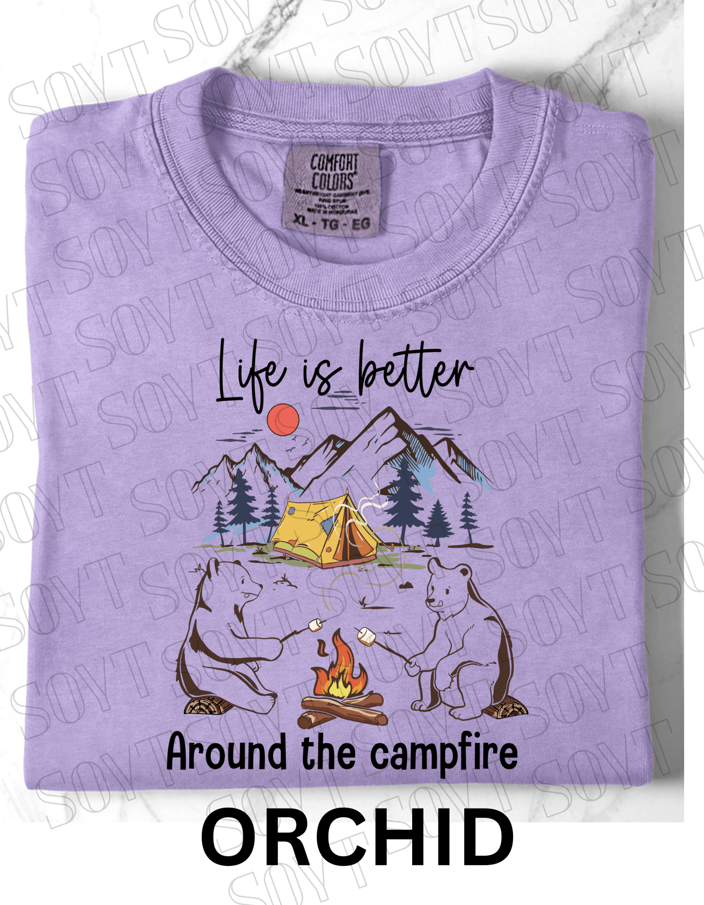 Life Is Better Around the Campfire T-Shirt – Cozy Bear Camping Graphic Tee - Festive Apparel StoreOrchid