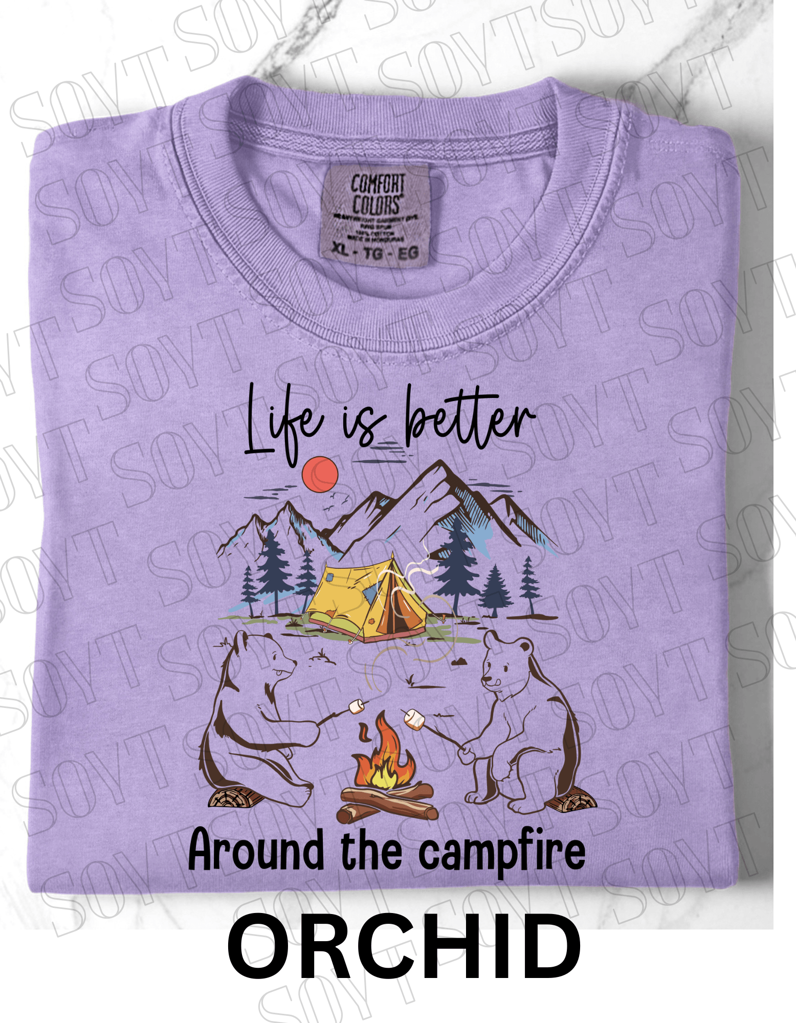 Life Is Better Around the Campfire T-Shirt – Cozy Bear Camping Graphic Tee - Festive Apparel StoreOrchid