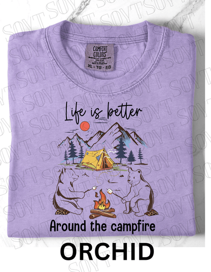 Life Is Better Around the Campfire T-Shirt – Cozy Bear Camping Graphic Tee - Festive Apparel StoreOrchid