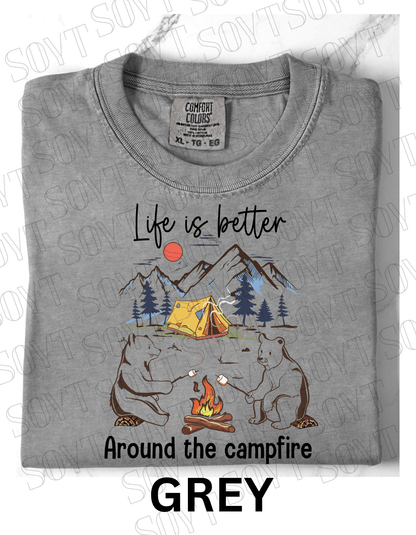 Life Is Better Around the Campfire T-Shirt – Cozy Bear Camping Graphic Tee - Festive Apparel StoreGrey