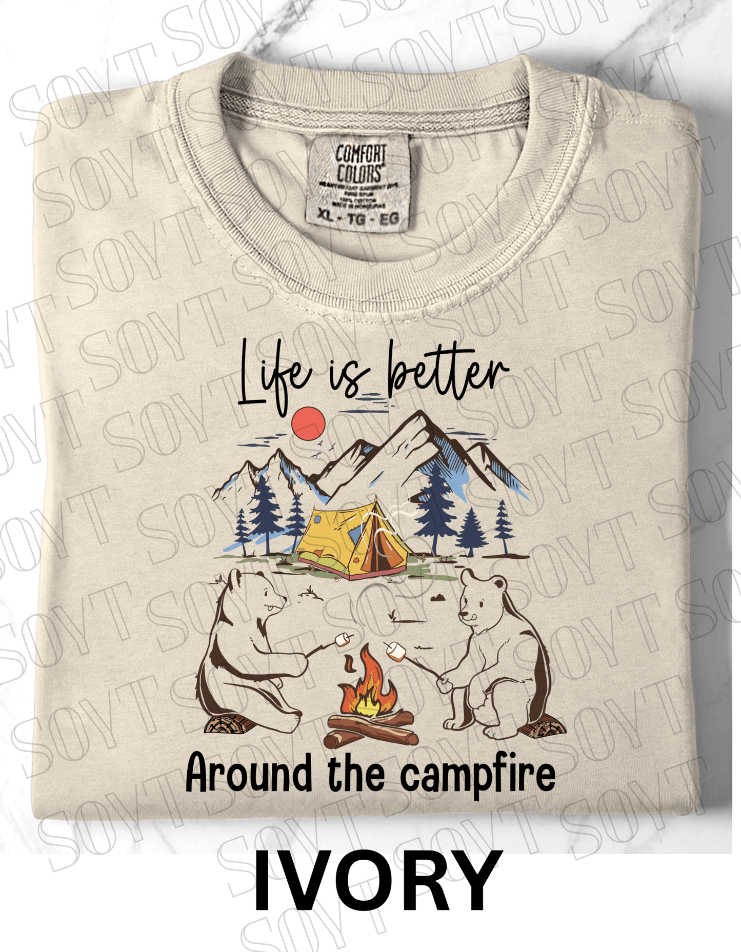 Life Is Better Around the Campfire T-Shirt – Cozy Bear Camping Graphic Tee - Festive Apparel StoreIvory