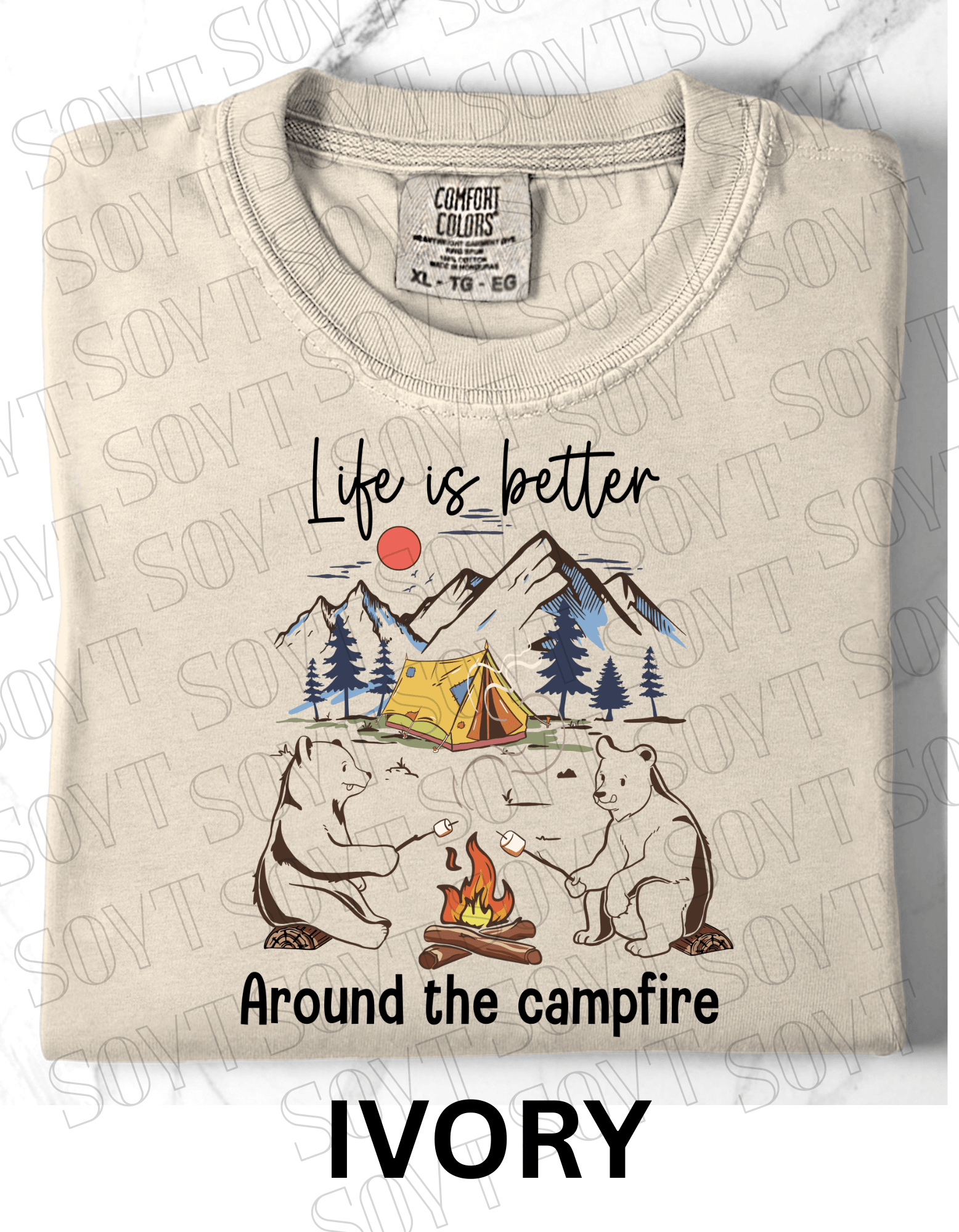 Life Is Better Around the Campfire T-Shirt – Cozy Bear Camping Graphic Tee - Festive Apparel StoreIvory