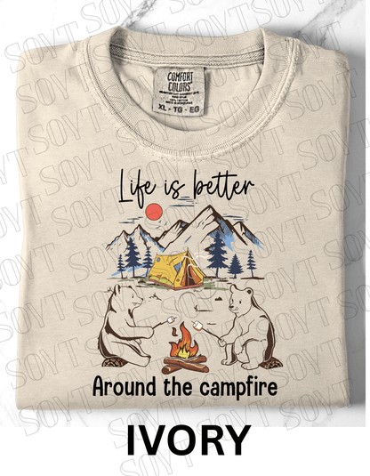 Life Is Better Around the Campfire T-Shirt – Cozy Bear Camping Graphic Tee - Festive Apparel StoreIvory
