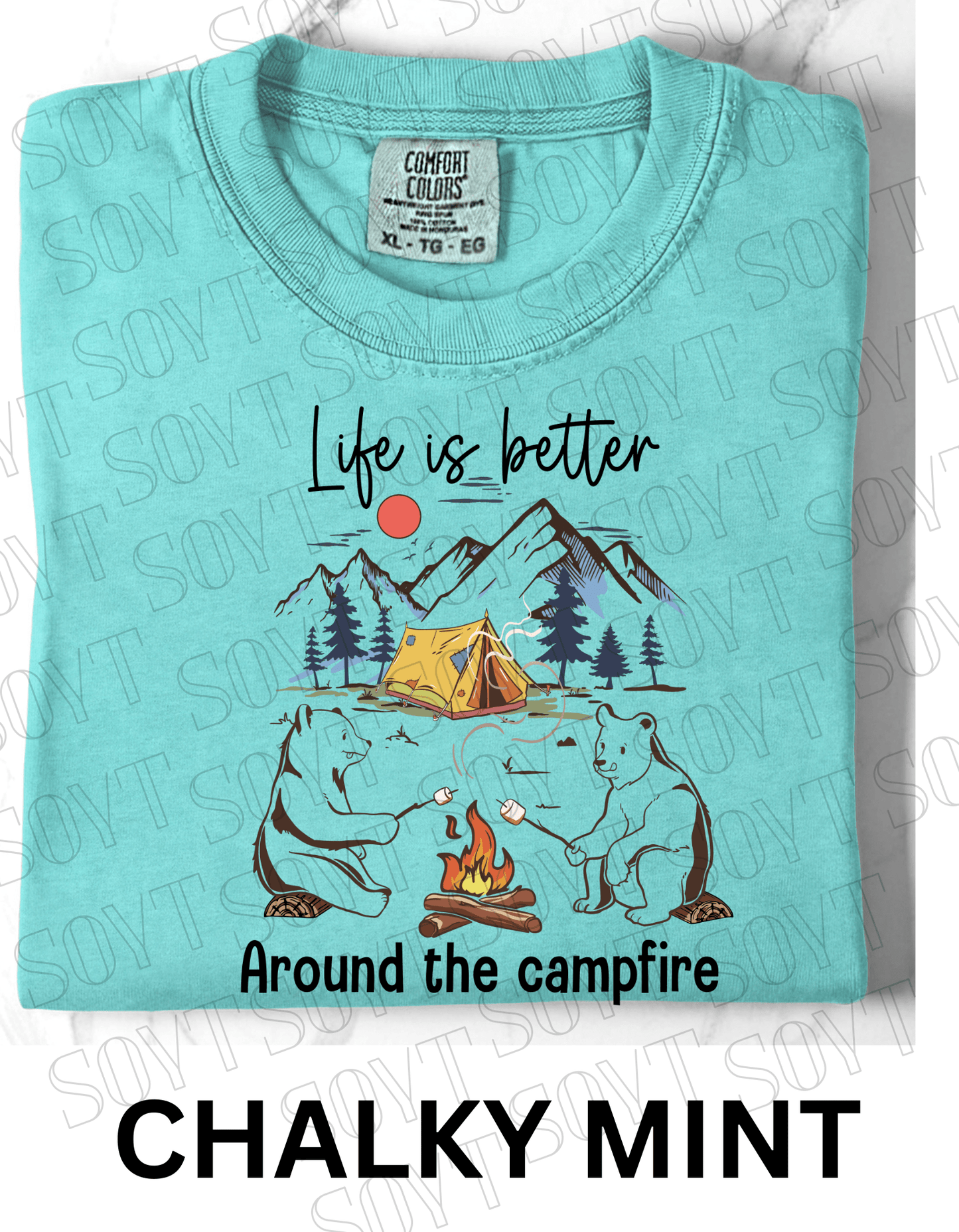 Life Is Better Around the Campfire T-Shirt – Cozy Bear Camping Graphic Tee - Festive Apparel StoreChalky Mint